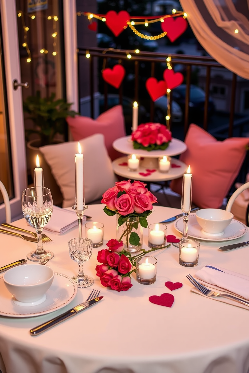 Chic tableware for a romantic dinner. The table is elegantly set with fine china, sparkling crystal glasses, and polished silverware, complemented by soft candlelight. Romantic balcony Valentine's Day decorating ideas. The balcony is adorned with string lights and plush cushions, featuring a small table set for two with a bouquet of fresh roses and heart-shaped decorations.