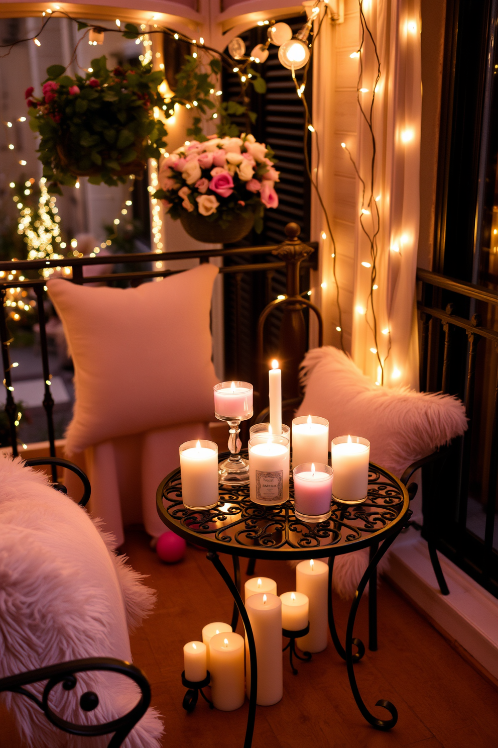 A romantic balcony setting adorned with an array of scented candles creating a lovely fragrance. The candles are placed on a small wrought iron table surrounded by plush seating and twinkling fairy lights.