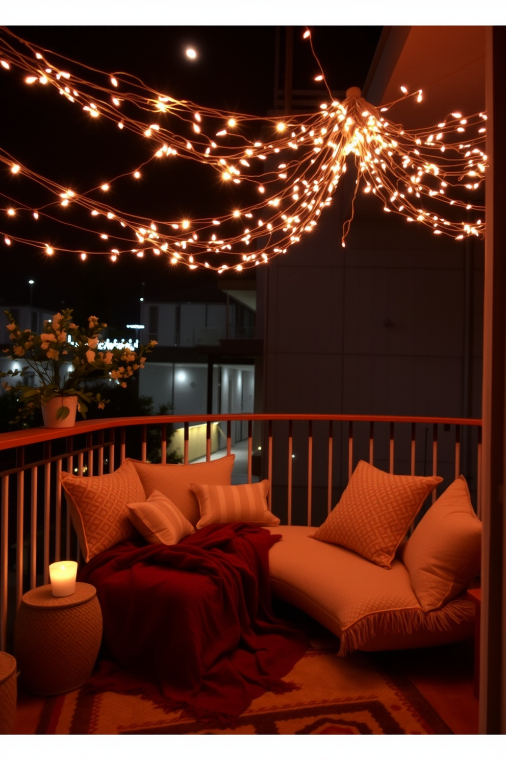 A romantic balcony setting adorned with twinkling fairy lights overhead creates an enchanting atmosphere. Soft cushions and throws are arranged on a cozy seating area, inviting relaxation and intimate conversations.