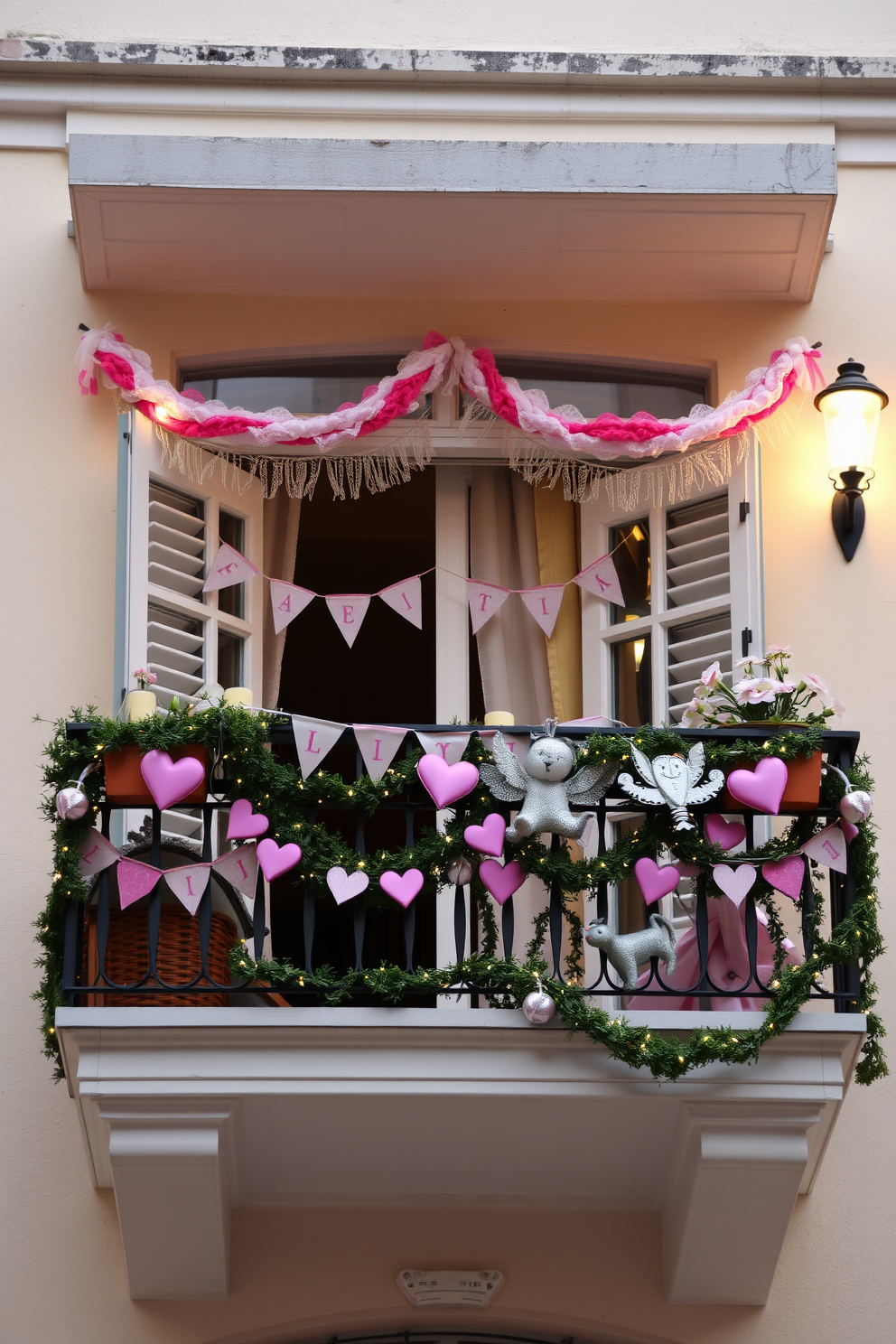 A charming balcony adorned with fairy-tale bunting and garlands creates a whimsical atmosphere. Delicate pastel colors and twinkling lights enhance the romantic feel, perfect for celebrating Valentine's Day.