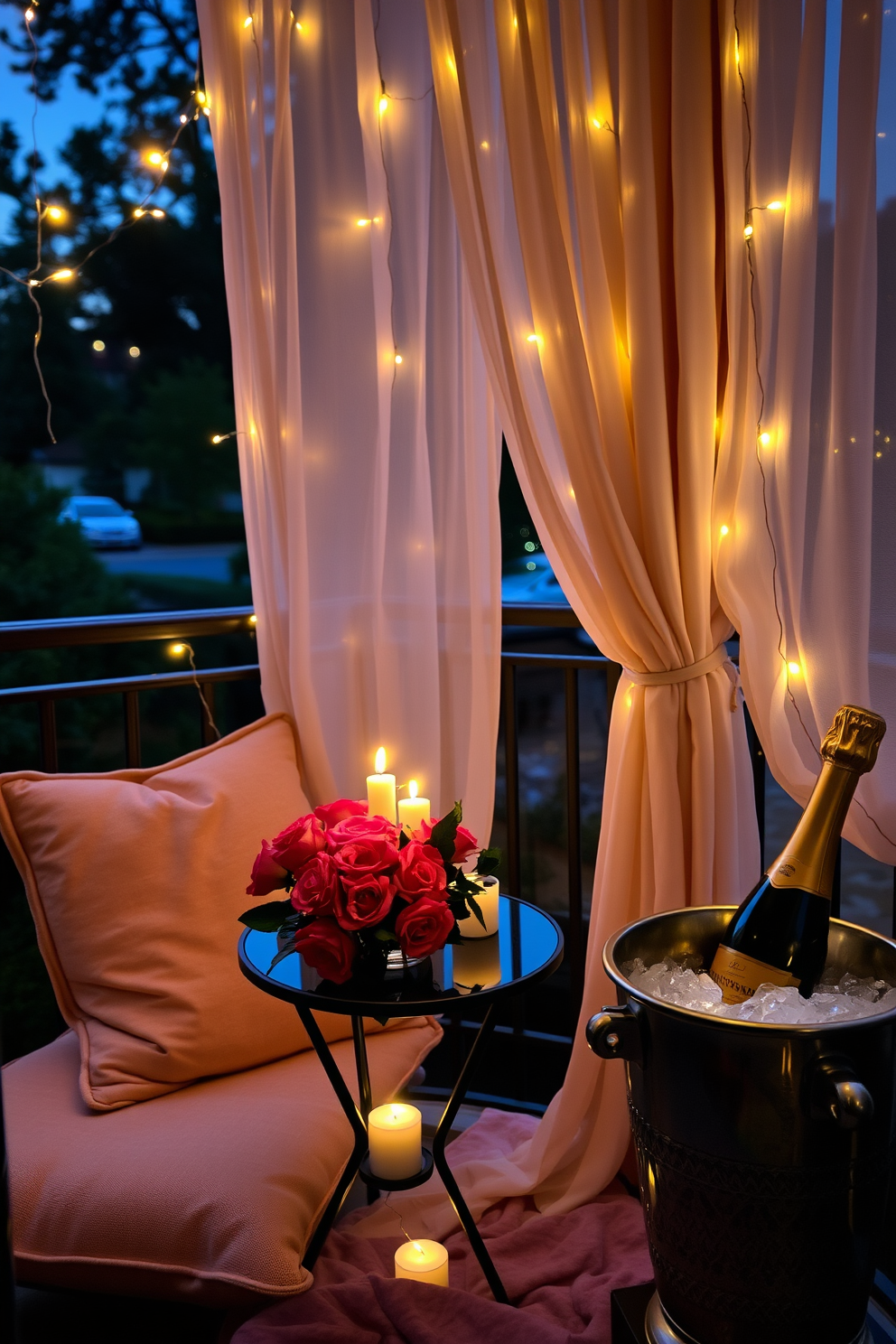 A cozy balcony setting adorned with twinkling fairy lights and soft cushions. A small table is set for two, featuring a bouquet of fresh roses and candles flickering gently in the evening breeze. Delicate drapes flutter softly in the wind, creating an intimate atmosphere. The scene is completed with a bottle of champagne chilling in an elegant ice bucket, inviting a romantic evening under the stars.