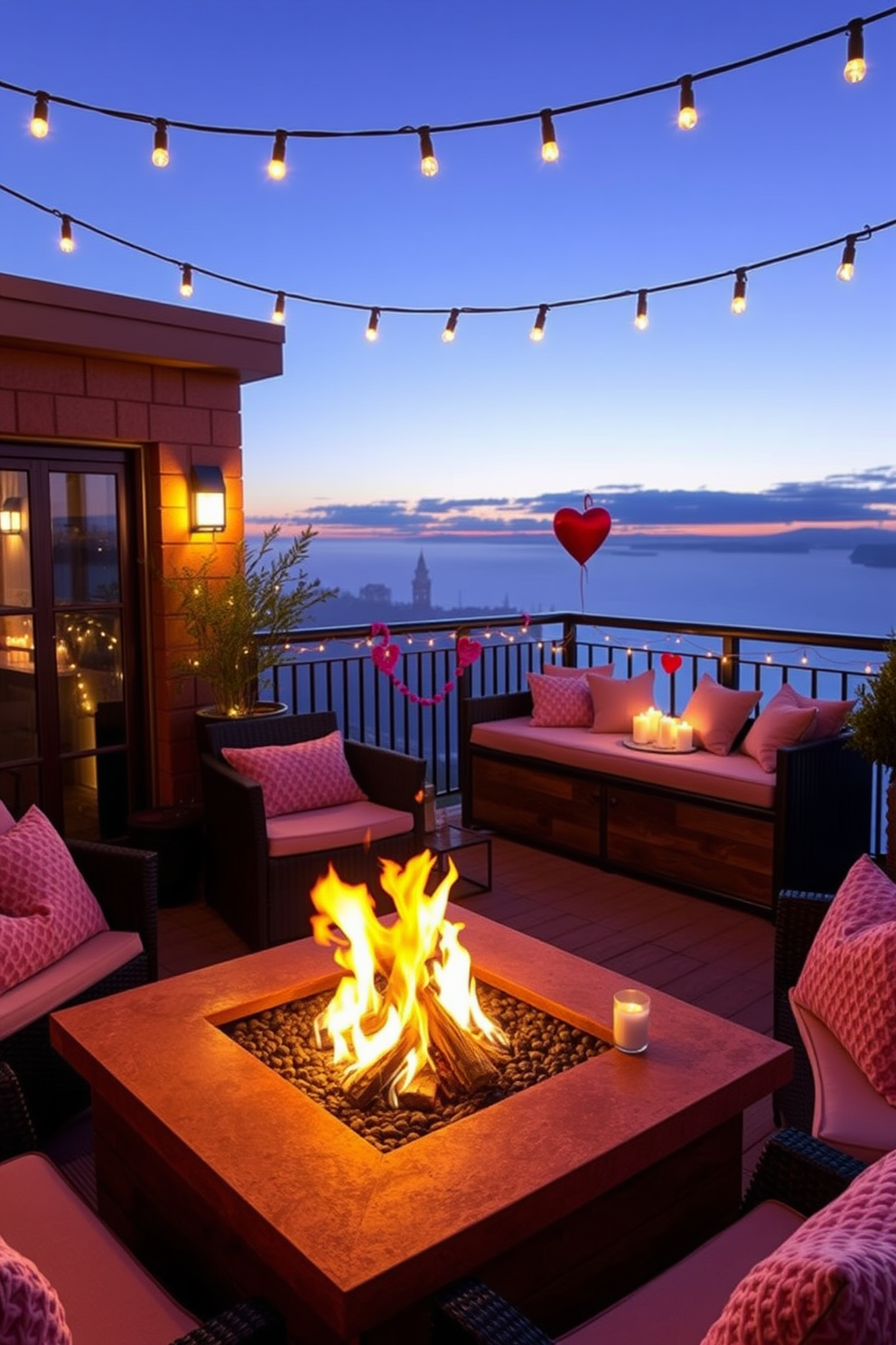 A cozy fire pit surrounded by comfortable seating creates an inviting atmosphere. Twinkling fairy lights hang overhead, casting a warm glow as the flames dance. On the balcony, plush cushions in soft hues provide a romantic touch. Heart-shaped decorations and candles add to the Valentine's Day charm, making it the perfect spot for an intimate evening.