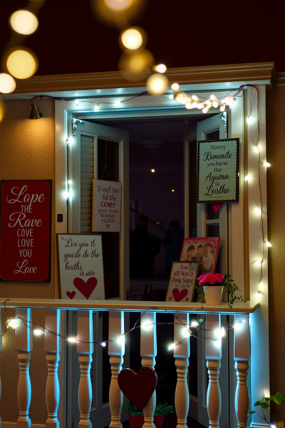 A charming balcony adorned with decorative signs featuring romantic quotes. Soft string lights illuminate the space, creating a warm and inviting atmosphere perfect for Valentine's Day.