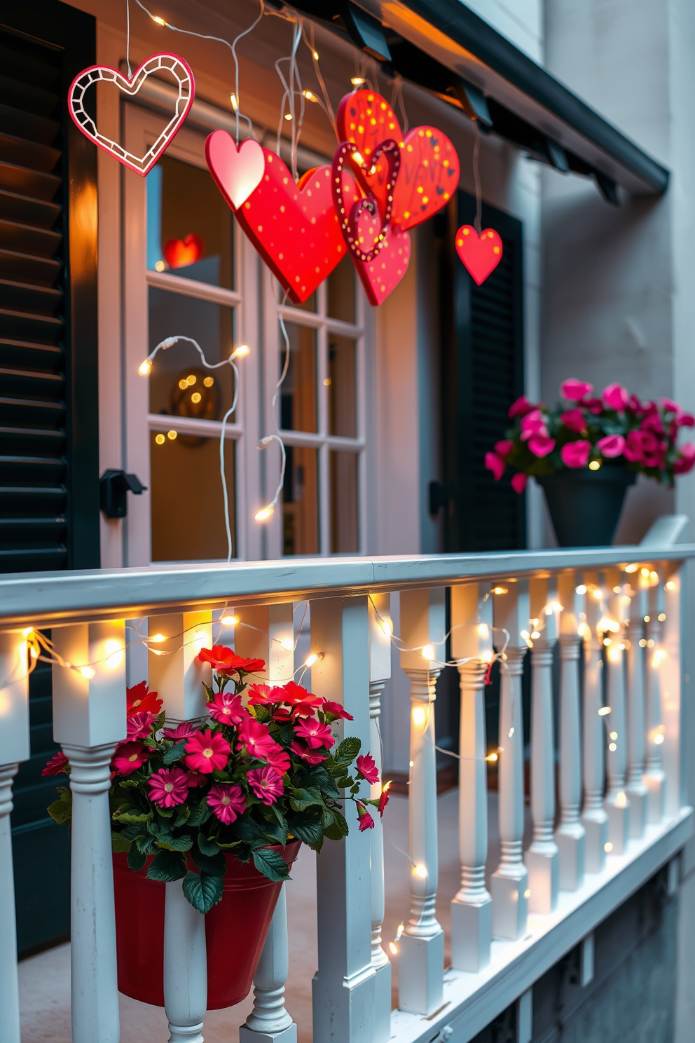 A charming balcony adorned with creative light-up heart decorations sets the perfect romantic atmosphere for Valentine's Day. Twinkling fairy lights shaped like hearts drape elegantly along the balcony railing, while vibrant potted flowers add a splash of color to the scene.