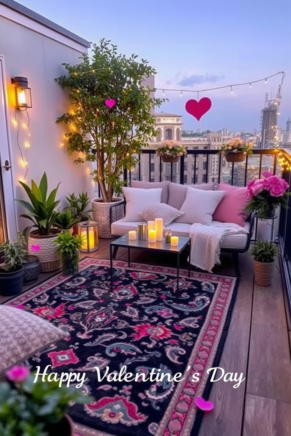 A stylish outdoor rug is placed on a spacious balcony, providing a cozy and inviting atmosphere. The rug features a vibrant pattern that complements the surrounding plants and furniture, creating a harmonious outdoor retreat. For Valentine's Day, the balcony is adorned with romantic decorations, including twinkling fairy lights and soft cushions. Delicate floral arrangements in pastel colors enhance the intimate setting, making it perfect for a special evening.