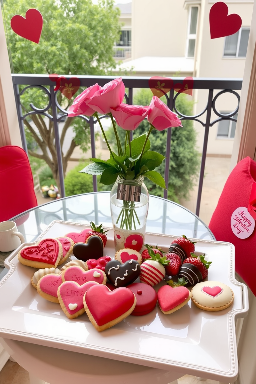 A charming balcony setting adorned for Valentine's Day. A beautifully arranged tray holds an assortment of sweet treats, including heart-shaped cookies and chocolate-covered strawberries, inviting a sense of romance and celebration.