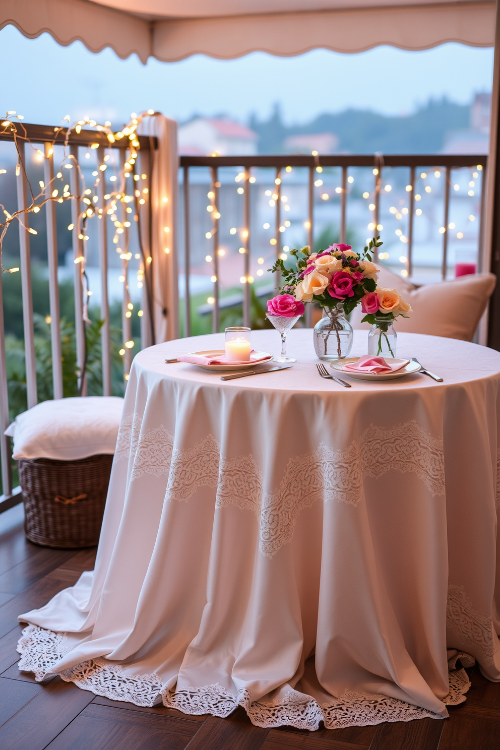 An elegant tablecloth drapes gracefully over a beautifully set dining table. The fabric features intricate lace detailing and a soft pastel color that complements the surrounding decor. The romantic balcony is adorned with twinkling fairy lights and plush cushions. Fresh flowers in delicate vases add a touch of charm, creating the perfect atmosphere for a Valentine's Day celebration.