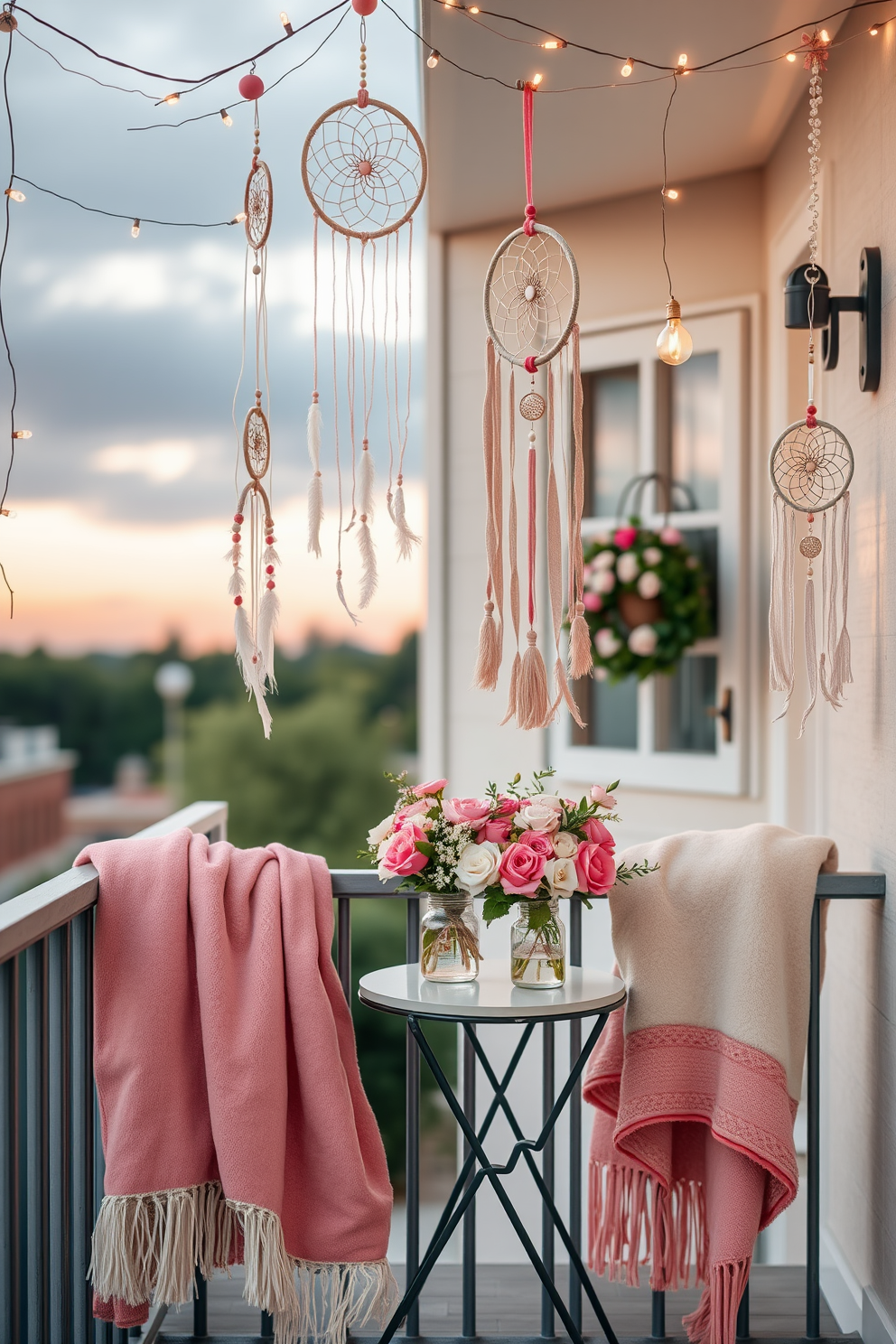 A charming balcony adorned with delicate hanging dreamcatchers sways gently in the breeze. Soft pastel colors and twinkling fairy lights create a whimsical atmosphere perfect for a romantic Valentine's Day celebration. Floral arrangements in shades of pink and white are placed on a small table set for two. Cozy blankets drape over the railing, inviting couples to relax and enjoy the enchanting view.