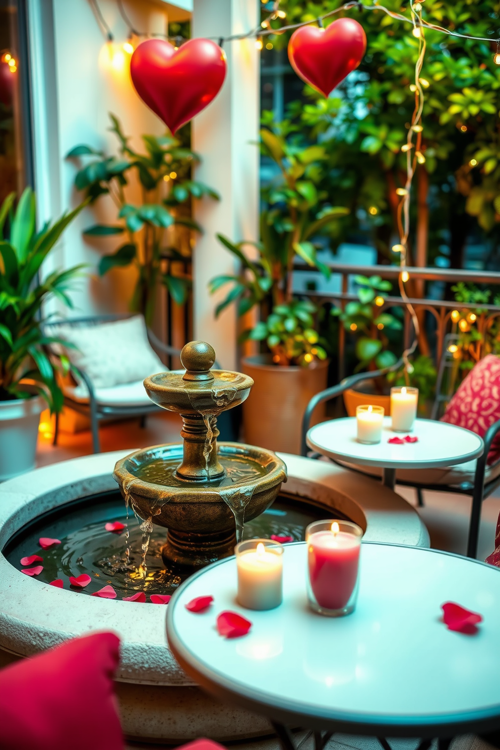 A small fountain gently trickles water, creating a serene atmosphere perfect for relaxation. Surround the fountain with lush greenery and soft, ambient lighting to enhance the tranquil setting. For Valentine's Day, adorn the balcony with elegant string lights and cozy seating. Add plush cushions and a small table topped with candles and rose petals for a romantic touch.