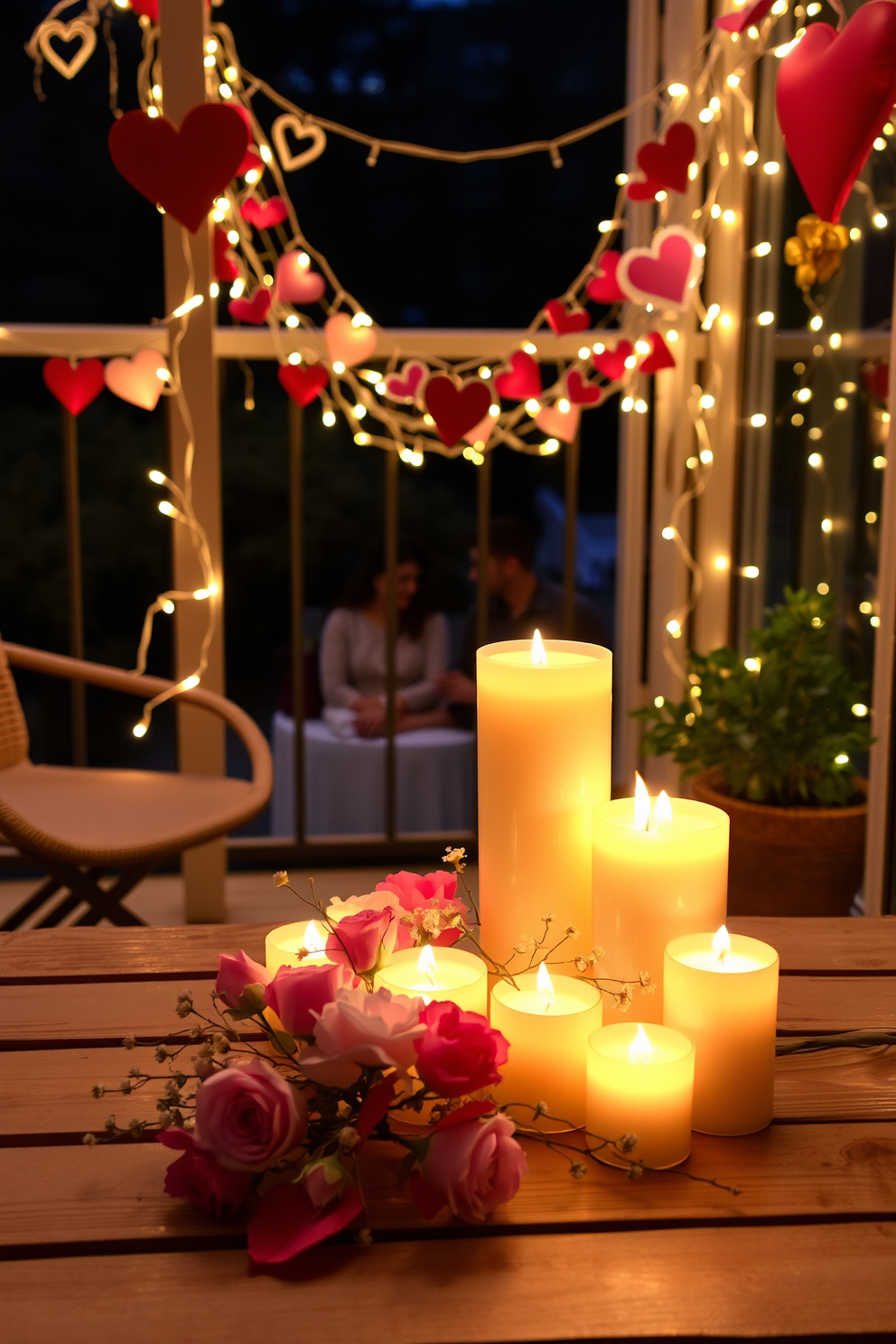 A romantic candle arrangement is beautifully displayed on a wooden table. The soft glow of the candles creates an intimate atmosphere, complemented by delicate floral accents. The balcony is adorned with whimsical decorations for Valentine's Day. Heart-shaped garlands and twinkling fairy lights enhance the romantic vibe, inviting couples to enjoy a cozy evening outdoors.