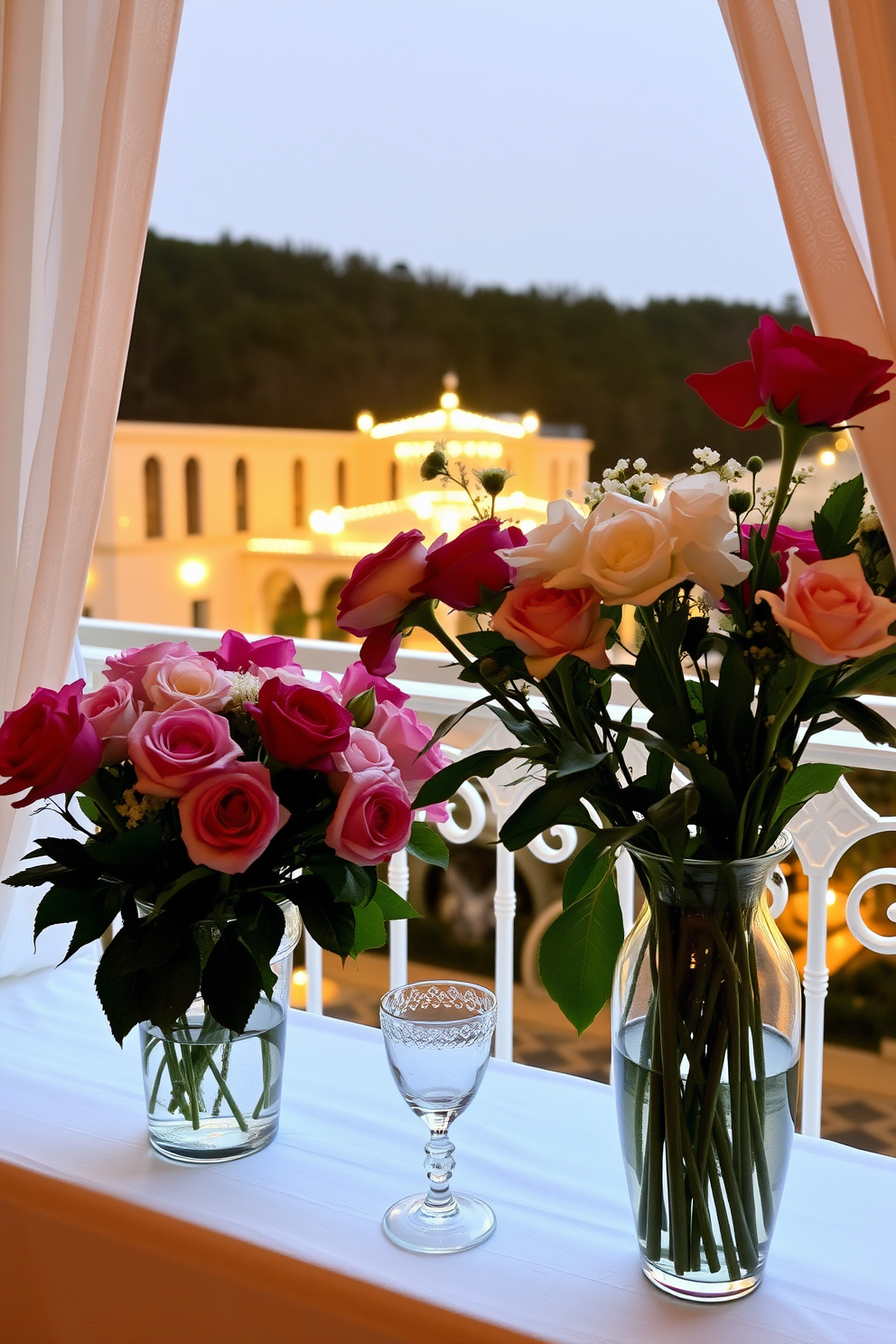 Fresh flowers in elegant vases create a romantic atmosphere perfect for Valentine's Day. The balcony is adorned with soft lighting and delicate drapes, inviting a sense of intimacy and warmth.