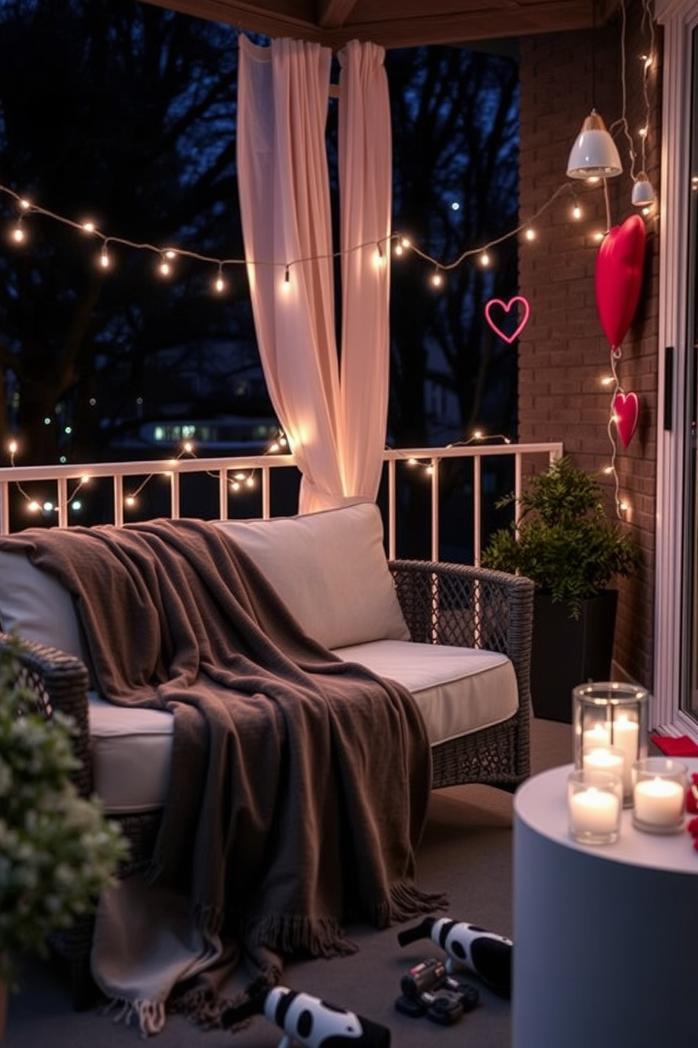 Soft throw blankets drape elegantly over a cozy outdoor sofa, inviting warmth and comfort. The balcony is adorned with twinkling fairy lights and heart-shaped decorations, creating a romantic ambiance perfect for Valentine's Day.