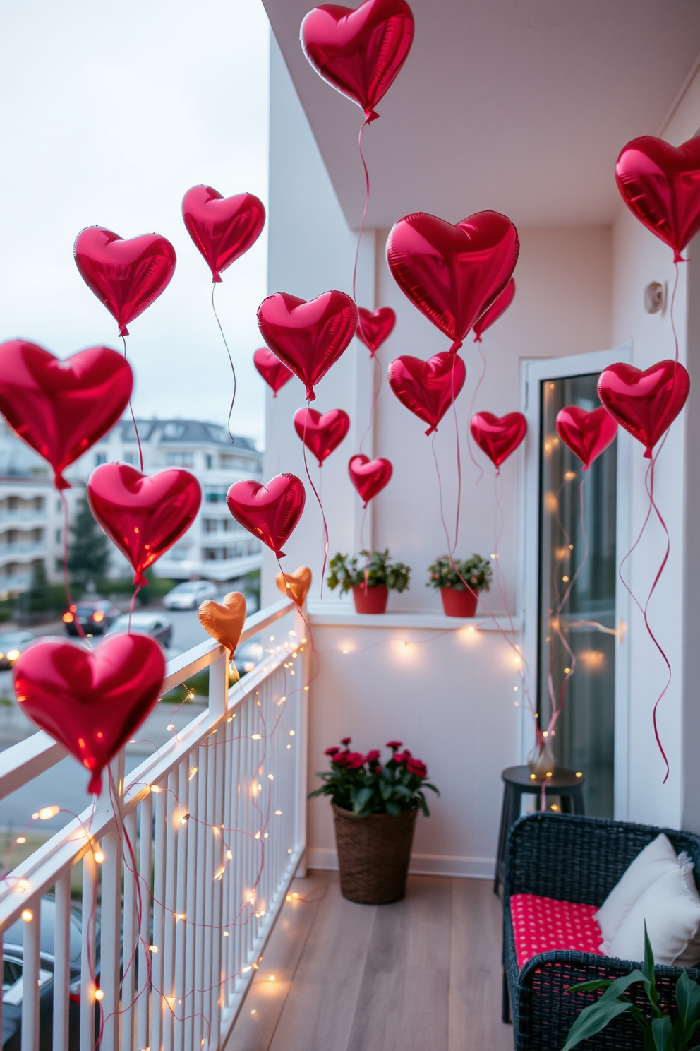 A romantic balcony adorned with heart-shaped balloons floating gently in the air. The space is enhanced with soft fairy lights and cozy seating, creating an inviting atmosphere for Valentine's Day celebrations.