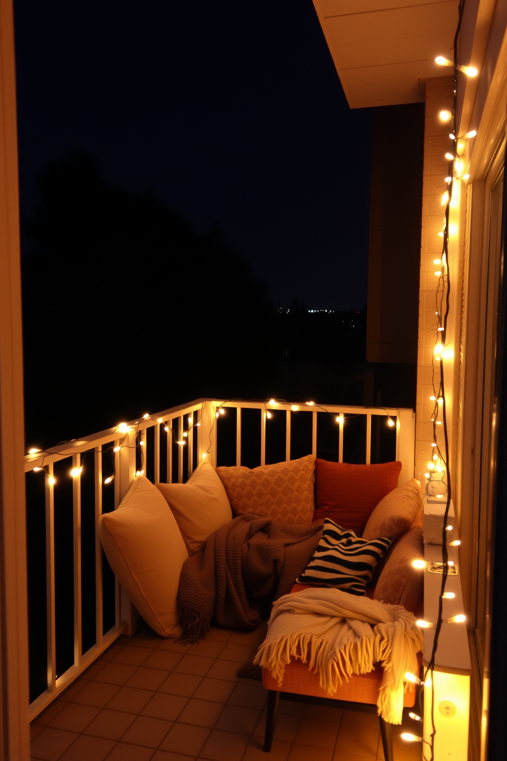 A romantic balcony setting adorned with string lights draped along the railing creates a warm and inviting atmosphere. Soft cushions and throws are arranged on a cozy seating area, perfect for enjoying the evening under the stars.