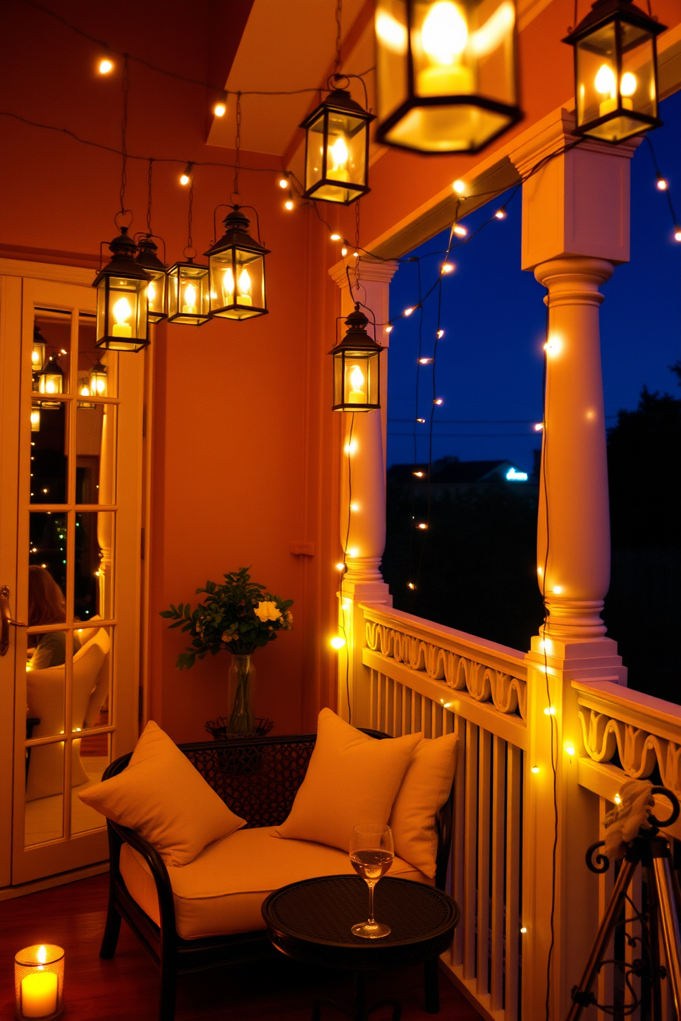 A romantic balcony setting adorned with charming lanterns that provide warm ambient lighting. The space features a cozy seating area with plush cushions and a small table, perfect for enjoying a glass of wine under the stars.