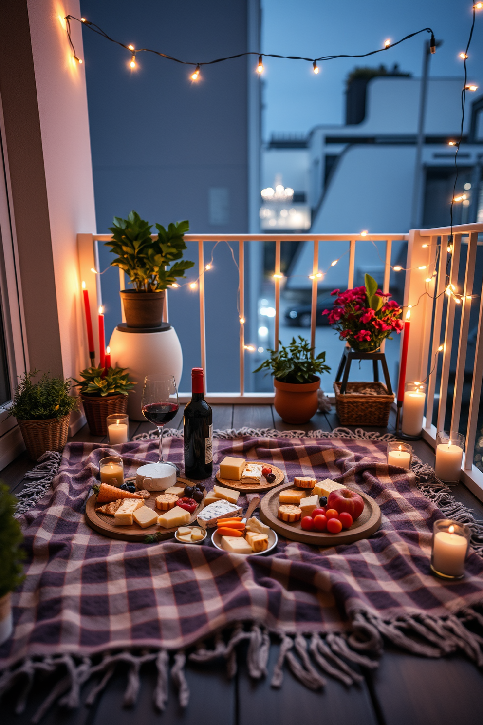 A charming balcony setting for a romantic wine and cheese picnic. A cozy blanket is spread across the floor adorned with an array of cheeses, fresh fruits, and a bottle of red wine. Soft fairy lights twinkle above, creating an intimate atmosphere. Potted plants and candles are placed around the space to enhance the romantic vibe.