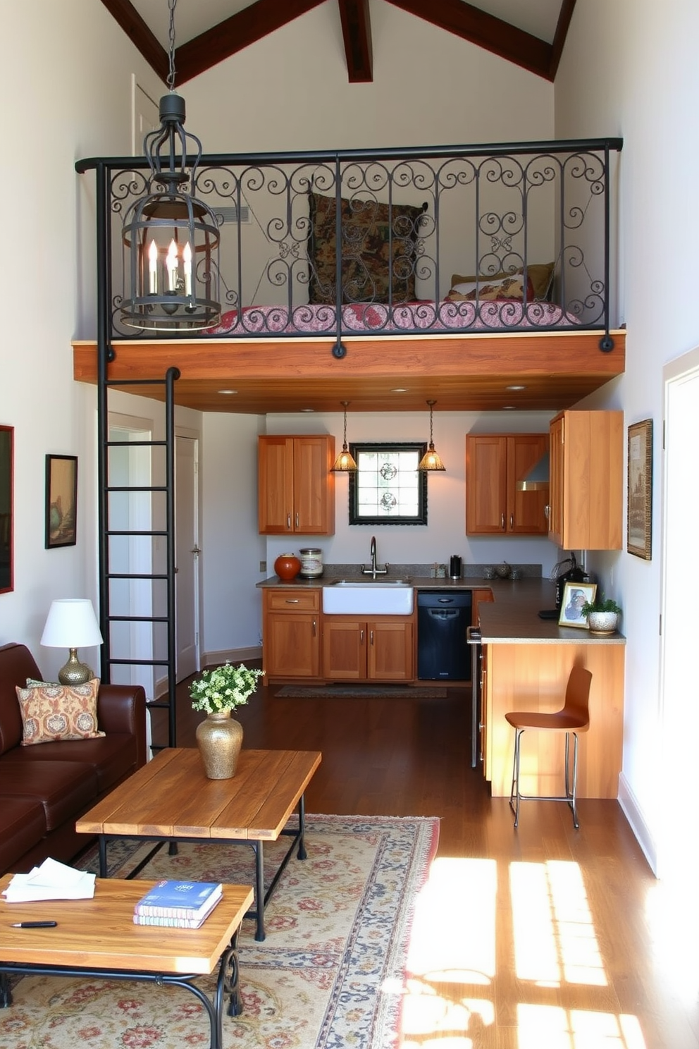 A rustic apartment design featuring wrought iron accents throughout the space. The living area includes a comfortable leather sofa paired with a reclaimed wood coffee table and wrought iron side tables. The kitchen showcases wrought iron light fixtures hanging above a farmhouse sink and wooden cabinetry. A wrought iron railing leads up to a cozy loft area with a vintage-style rug and warm, earthy tones.