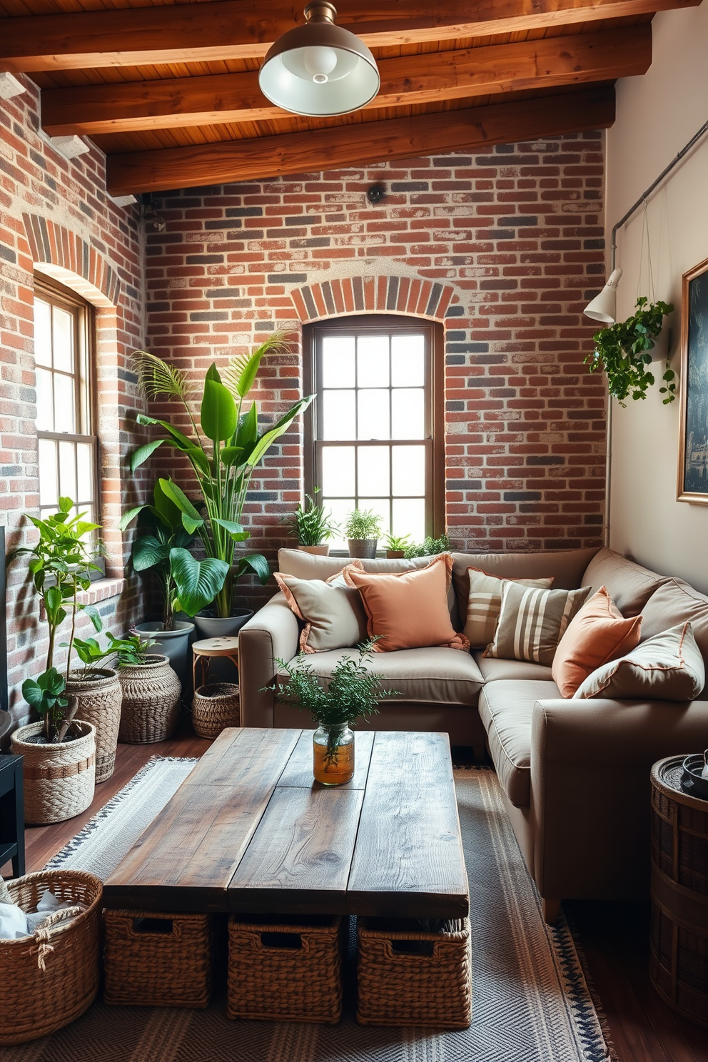 A cozy apartment filled with rustic charm. The living room features exposed brick walls and a wooden beam ceiling, complemented by a large, plush sofa adorned with earthy-toned cushions. In one corner, a collection of potted plants adds a vibrant touch of greenery. A reclaimed wood coffee table sits in front of the sofa, surrounded by woven baskets for storage.