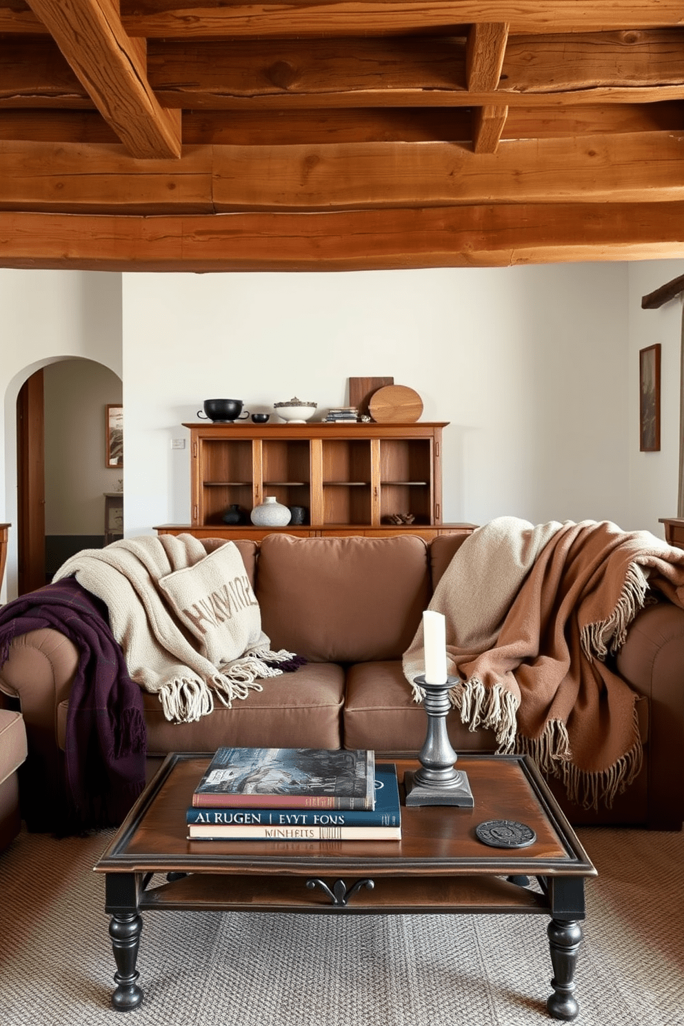 Layered blankets are casually draped over a plush, oversized sofa, creating a cozy and inviting atmosphere. The color palette features warm earth tones, enhancing the rustic charm of the apartment. Exposed wooden beams stretch across the ceiling, adding character and warmth to the space. A vintage coffee table sits in front of the sofa, adorned with a few carefully selected books and a rustic candle holder.