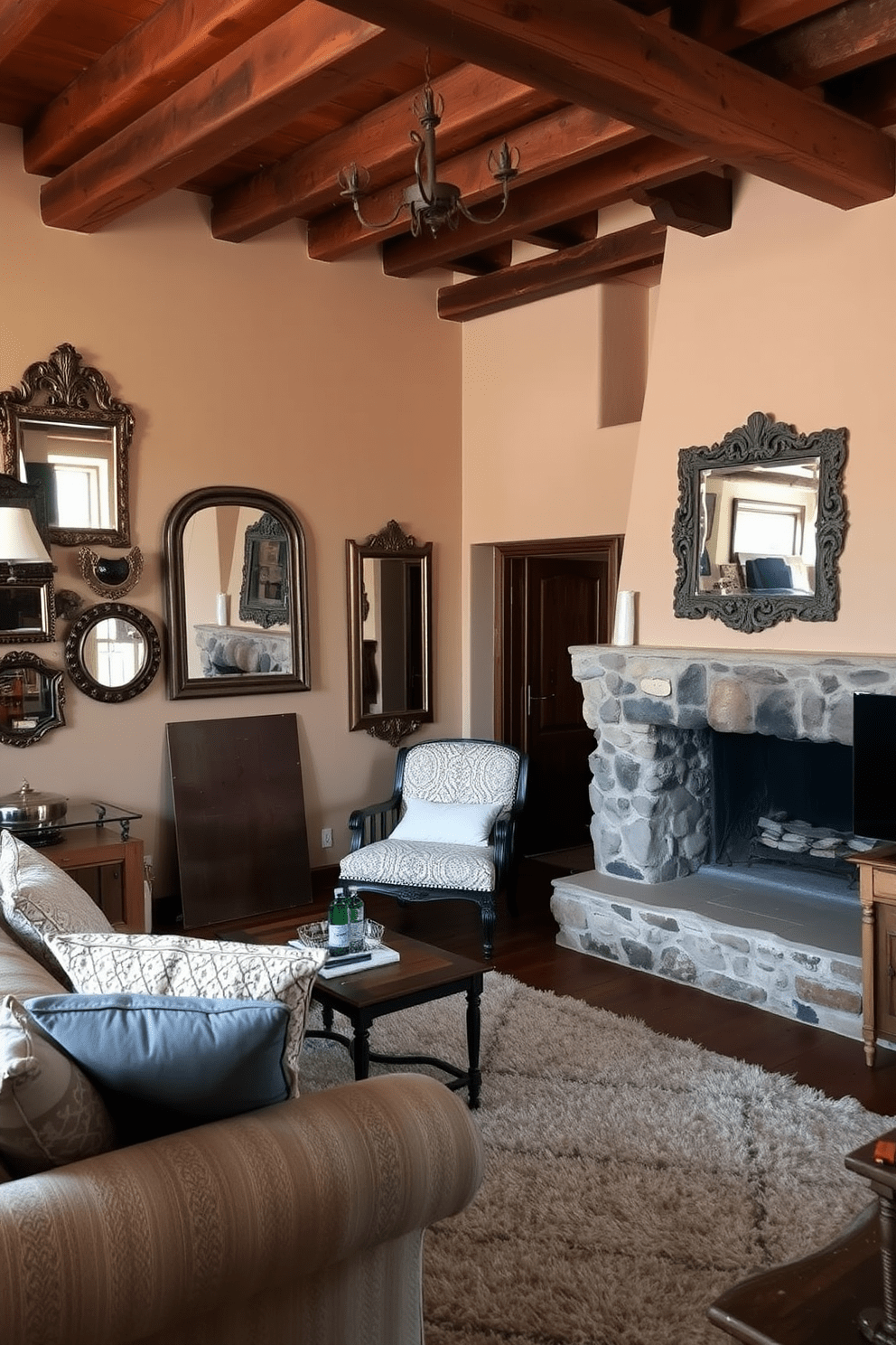 A cozy rustic apartment filled with vintage charm. The living area features exposed wooden beams and a stone fireplace, creating a warm atmosphere. In one corner, a collection of vintage mirrors with ornate frames reflects the natural light. The walls are adorned with soft earth-toned paint, and a plush area rug anchors the seating arrangement.