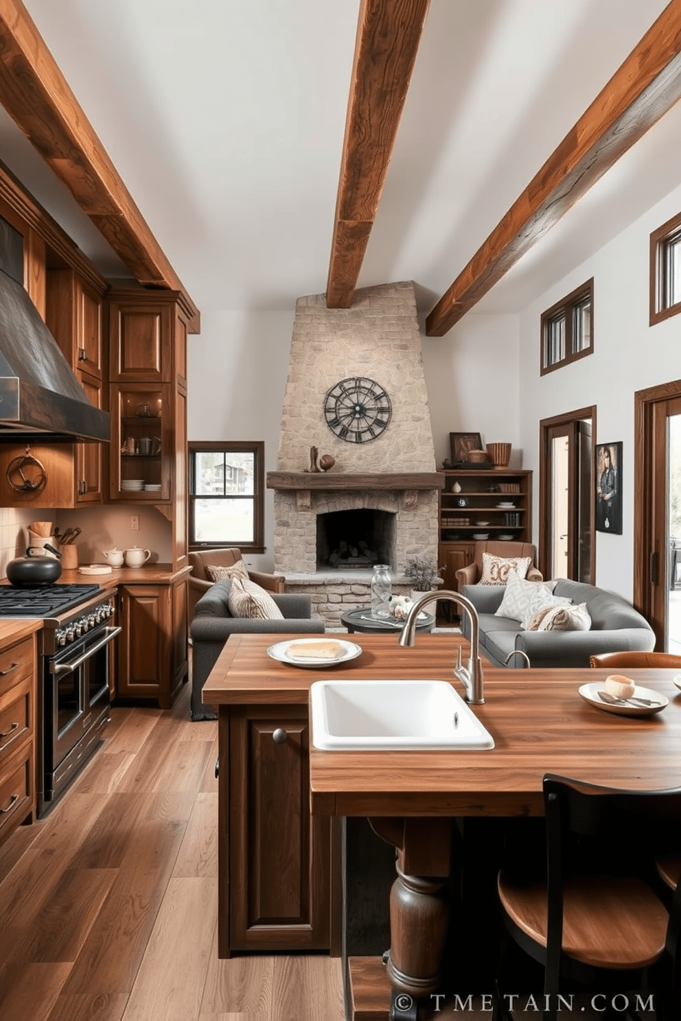 A rustic kitchen with wooden cabinets features exposed beams on the ceiling and a large farmhouse sink. The countertops are made of reclaimed wood, and a vintage-style stove adds charm to the space. Rustic apartment design ideas include a cozy living area with a stone fireplace and plush seating. Earthy tones and natural materials create a warm and inviting atmosphere throughout the apartment.