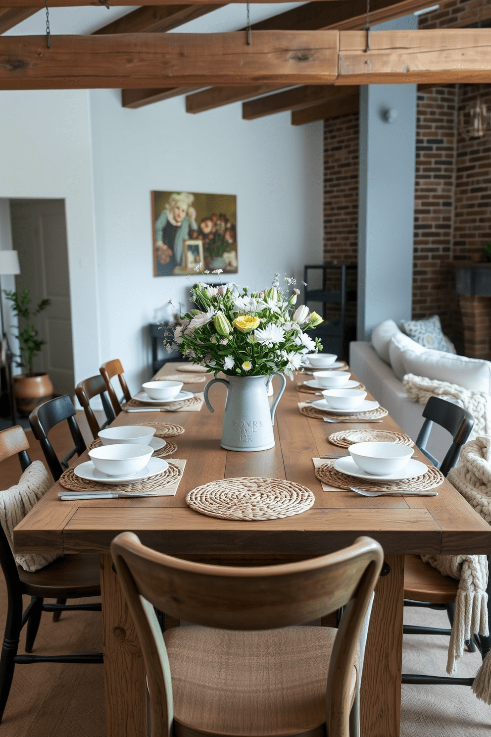 A farmhouse-style dining table setup features a long wooden table with a weathered finish, surrounded by mismatched chairs that add character. Centered on the table is a large bouquet of wildflowers in a vintage pitcher, complemented by simple white dinnerware and rustic woven placemats. The rustic apartment design ideas include exposed brick walls and wooden beams that create a warm and inviting atmosphere. Soft, neutral colors dominate the space, with cozy textiles like chunky knit throws and plush cushions enhancing the comfort of the living area.