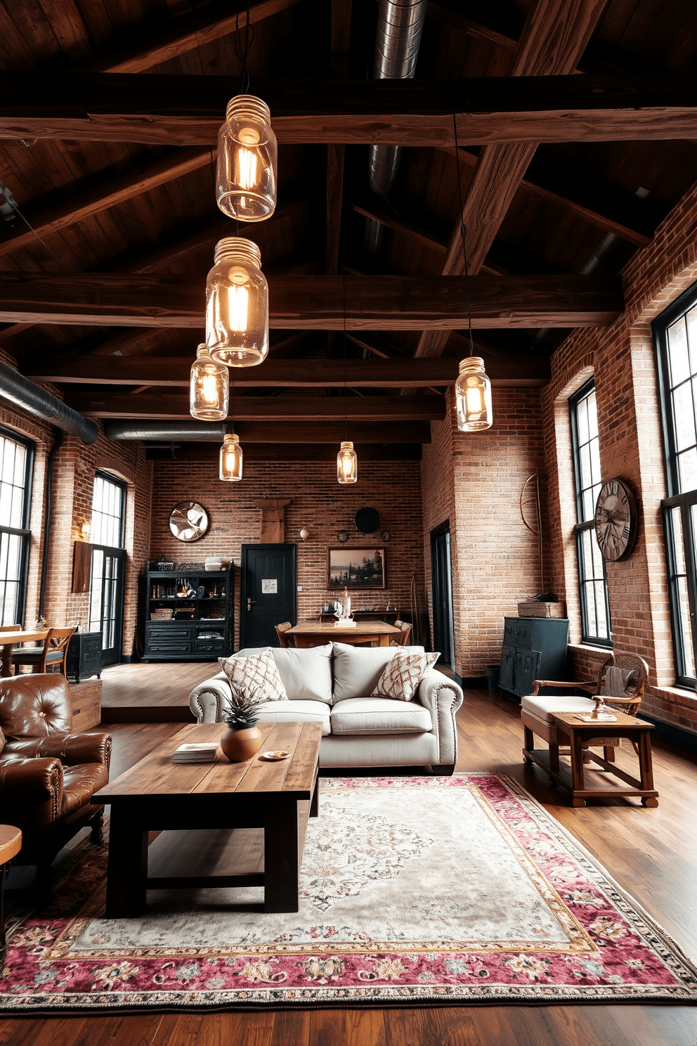 Mason jar lighting fixtures hang from the ceiling, casting a warm glow throughout the space. The rustic wooden beams and exposed brick walls create a cozy atmosphere, complemented by vintage furniture pieces. The open floor plan features a comfortable seating area with a distressed leather sofa and a reclaimed wood coffee table. A large area rug with earthy tones anchors the space, adding texture and warmth to the rustic apartment design.