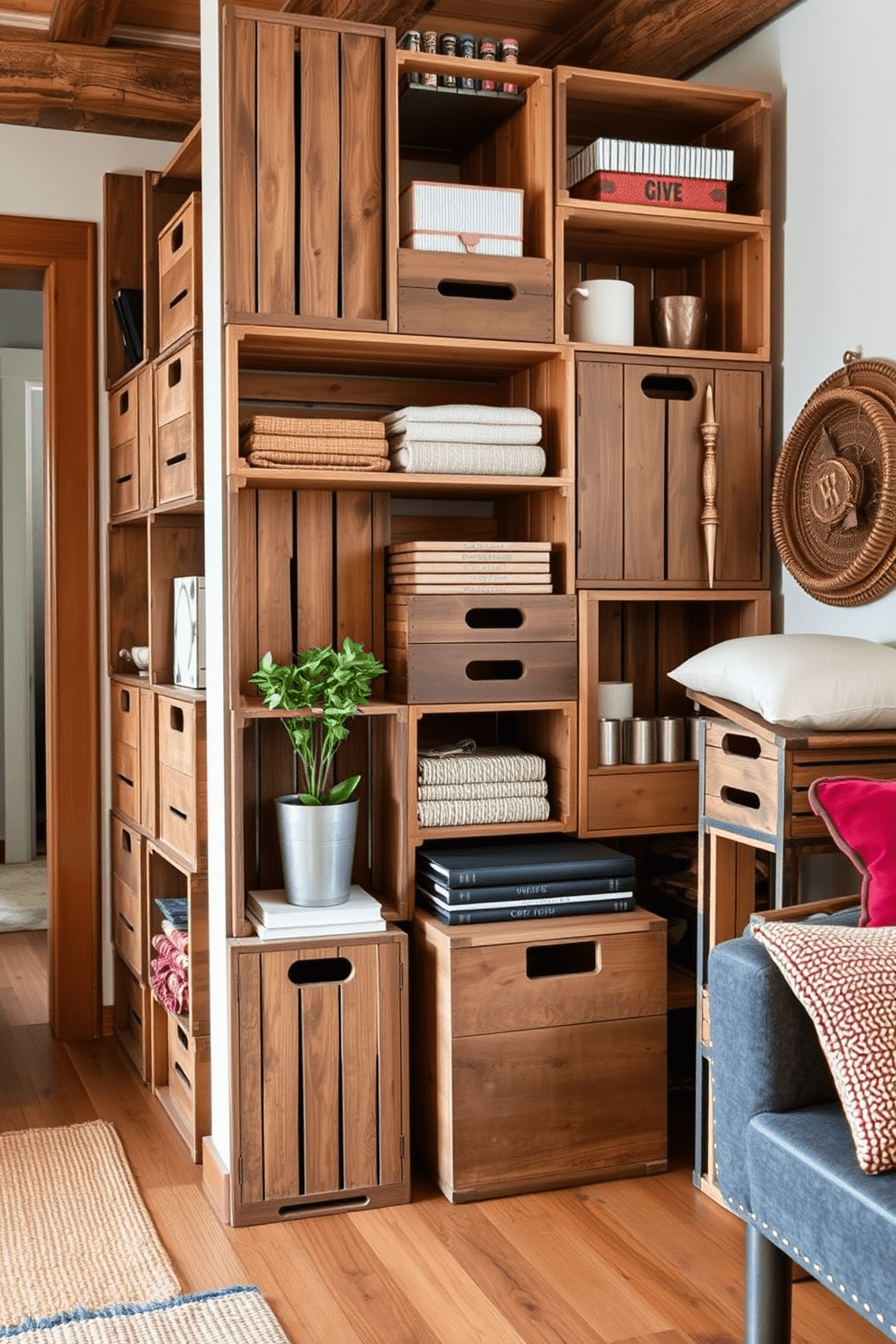 A cozy rustic apartment featuring wooden crates as stylish storage solutions. The crates are stacked in various configurations, providing both functionality and visual interest throughout the space.