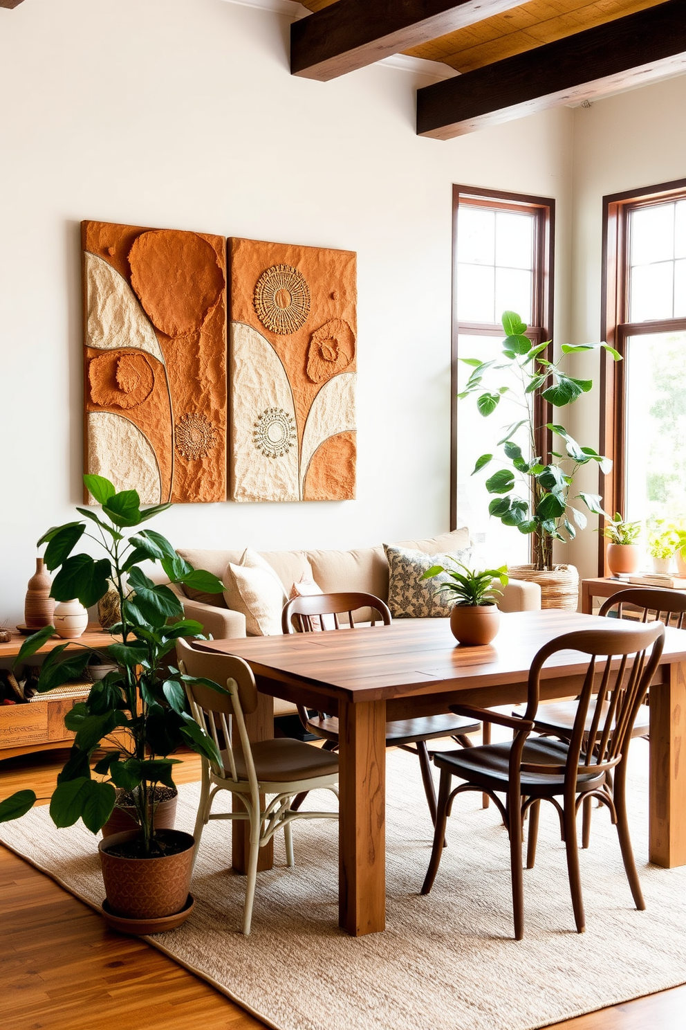 Textured wall art featuring organic shapes and earthy tones adorns the living room walls. The artwork complements the warm wood accents and soft textiles used throughout the space. In the cozy dining area, a reclaimed wood table is surrounded by mismatched chairs that add character. Large windows allow natural light to flood in, highlighting the greenery from potted plants placed strategically around the room.