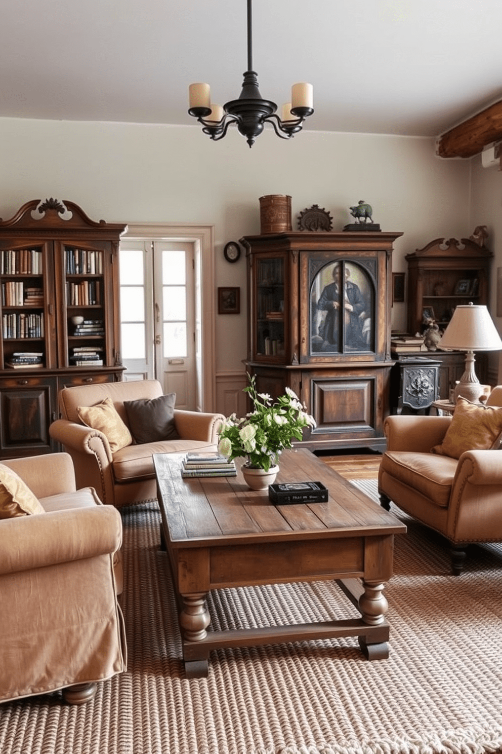 A rustic apartment filled with vintage furniture that exudes cozy charm. The living room features a weathered wooden coffee table surrounded by plush armchairs upholstered in soft, faded fabrics. A large, antique armoire stands against one wall, showcasing beloved books and trinkets. The warm, earthy tones of the decor are complemented by a woven area rug that adds texture and warmth to the space.