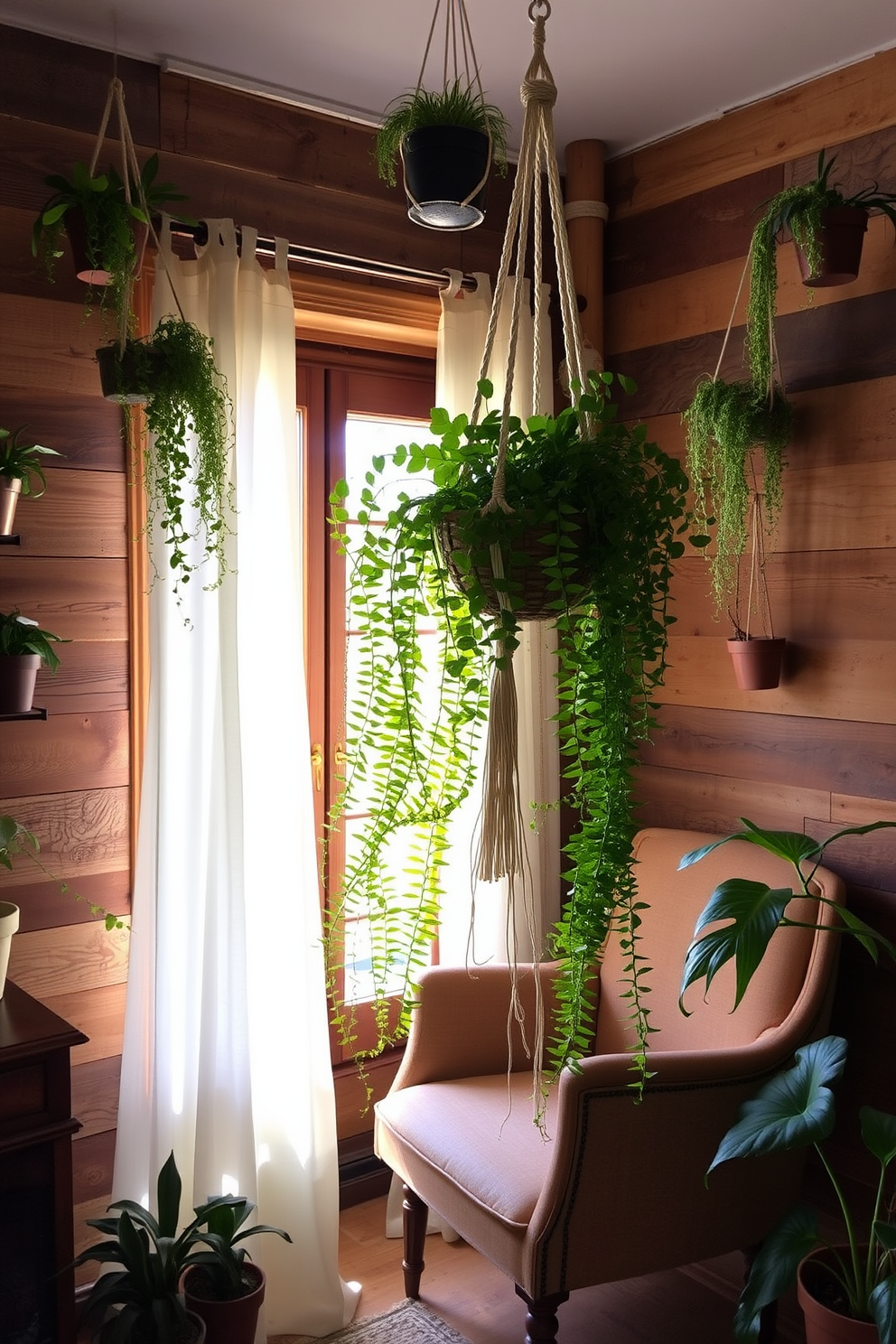 A cozy rustic apartment filled with hanging plants that add vertical interest. The walls are adorned with reclaimed wood, creating a warm and inviting atmosphere. In the corner, a macramé plant hanger holds a lush fern that cascades down towards a vintage armchair. Natural light filters through sheer curtains, illuminating the earthy color palette of browns and greens.