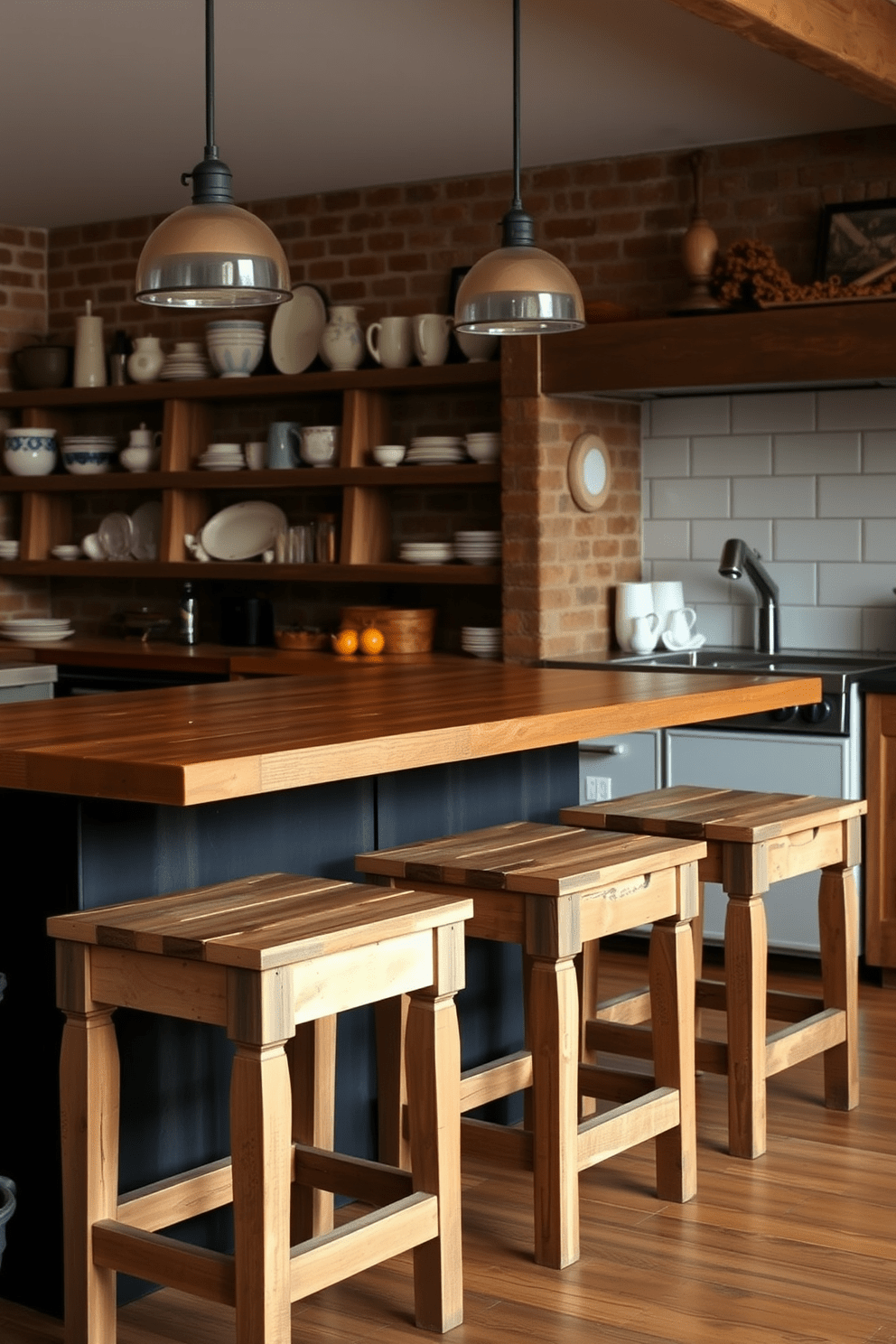 A cozy kitchen featuring rustic bar stools at a large wooden island. The stools are crafted from reclaimed wood with a distressed finish, adding warmth and character to the space. The kitchen has exposed brick walls and open shelving displaying vintage dishware. Soft, ambient lighting illuminates the area, creating an inviting atmosphere perfect for gatherings.