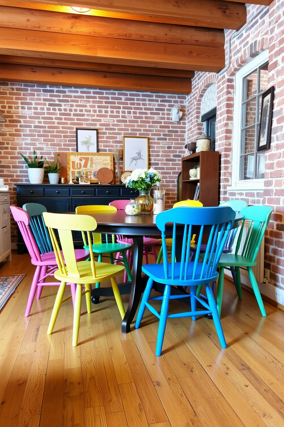 Mismatched dining chairs create a vibrant and eclectic look that adds character to any dining space. Each chair features a unique design and color, contributing to a playful yet harmonious atmosphere. The rustic apartment design incorporates natural materials such as exposed brick walls and wooden beams. Soft, warm lighting enhances the cozy ambiance, while vintage decor pieces complete the inviting aesthetic.