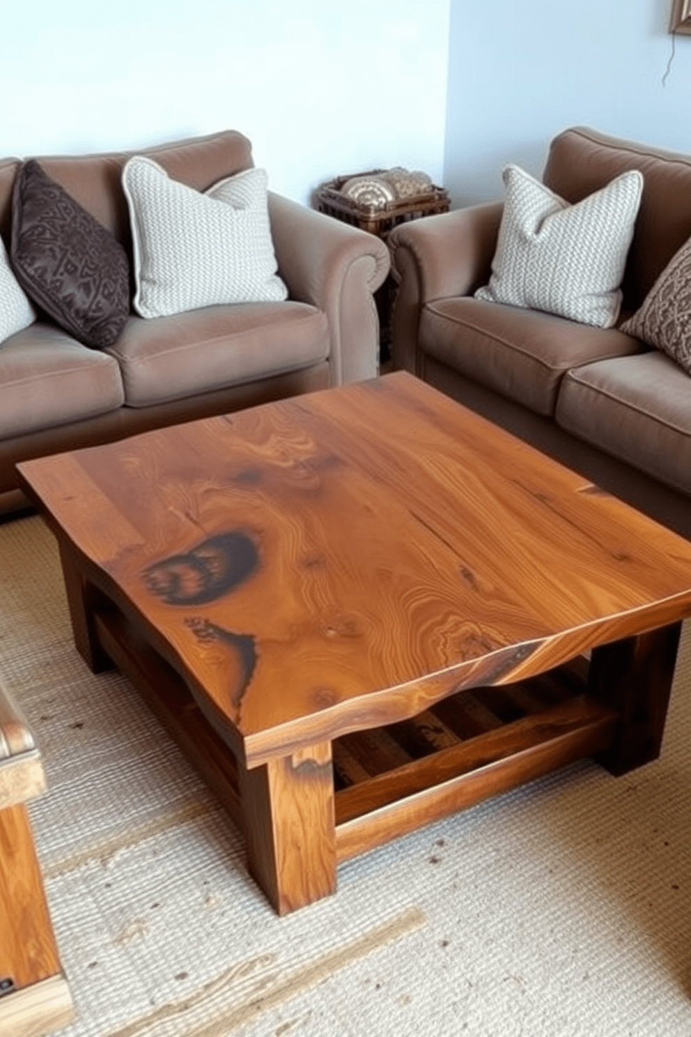 A cozy rustic apartment setting featuring a wooden coffee table with unique grain patterns and a warm finish. Surrounding the table are plush, oversized sofas adorned with textured throw pillows, creating an inviting atmosphere.