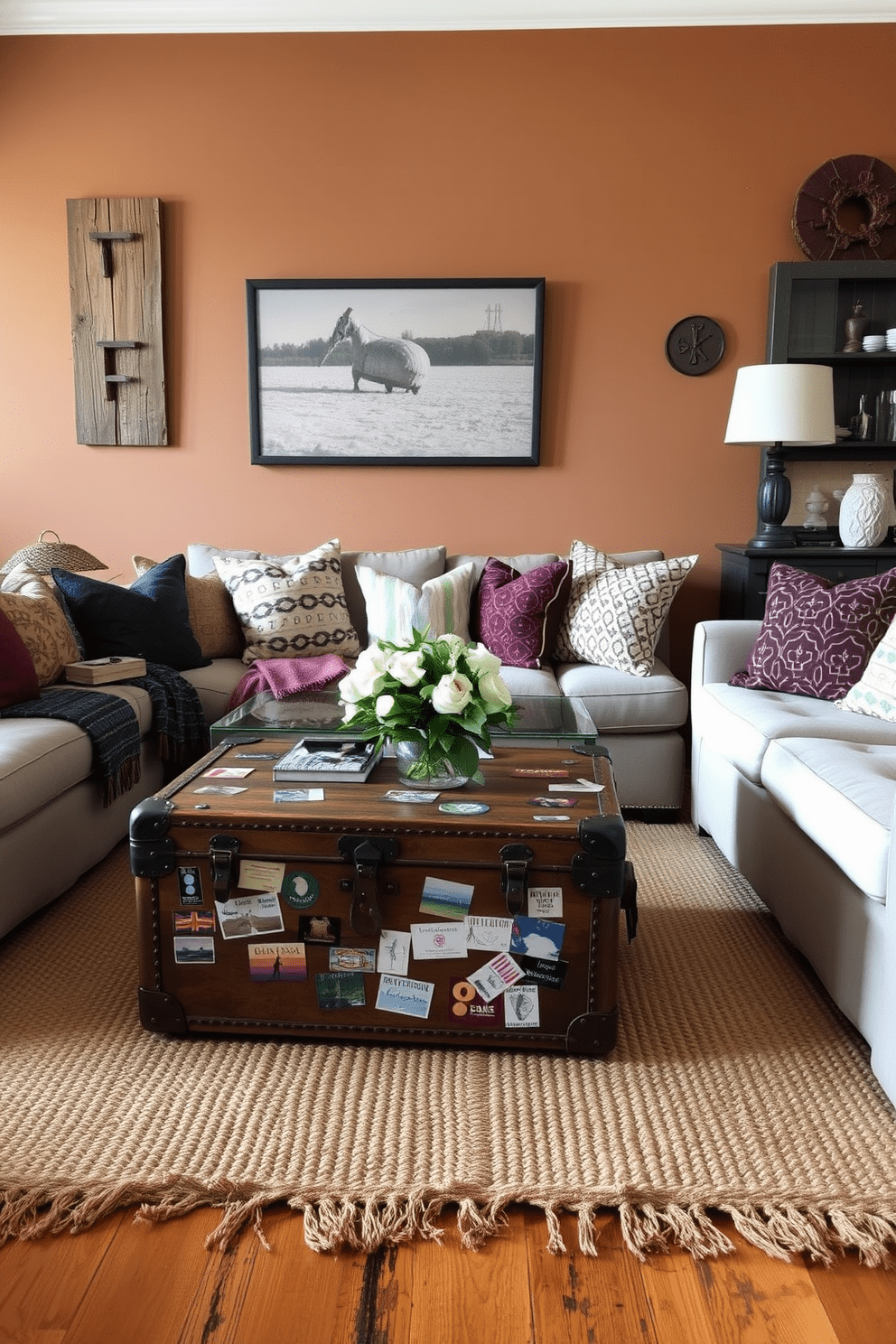 A vintage trunk serves as a unique coffee table in a cozy living room. The trunk is adorned with travel stickers and sits atop a soft, woven rug, surrounded by a mix of plush seating options. The walls are painted in warm earth tones, creating a welcoming atmosphere. Accents of reclaimed wood and antique decor pieces enhance the rustic charm of the apartment.