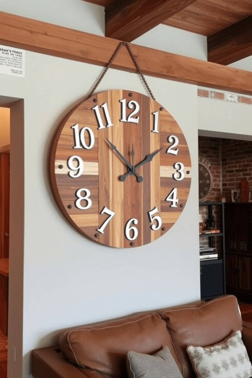 A rustic wall clock made of reclaimed wood hangs prominently on the wall, featuring large, easy-to-read numbers and vintage-style hands. The clock serves as both a functional timepiece and a charming decorative element, enhancing the warm atmosphere of the space. The rustic apartment design embraces natural materials, with exposed brick walls and wooden beams that create a cozy, inviting feel. A mix of vintage furniture and modern accents provides a unique character, making the apartment both stylish and comfortable.