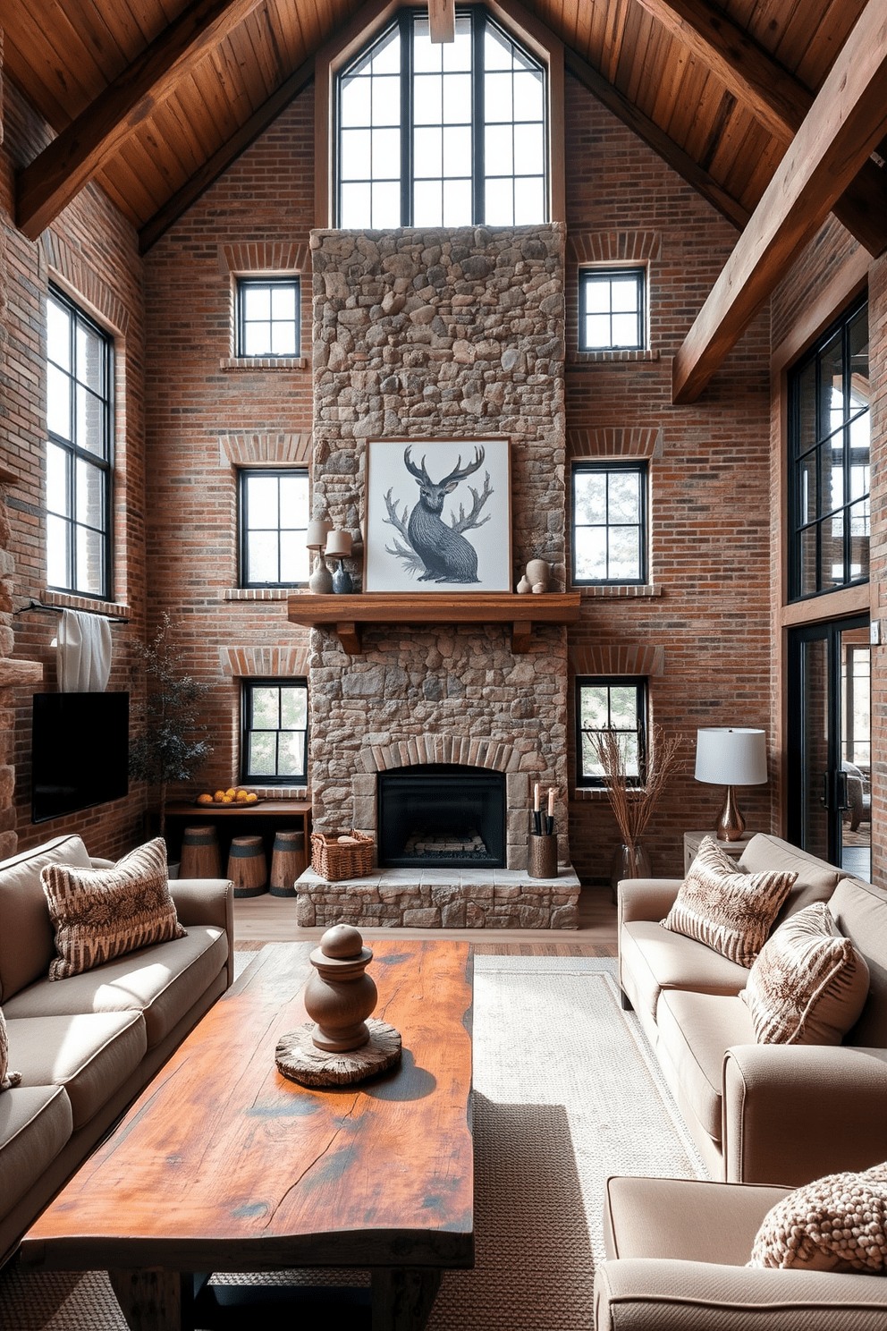 A rustic apartment features natural stone accents that enhance the warmth and charm of the space. Exposed brick walls complement the wooden beams overhead, while large windows allow natural light to flood in. The living area includes a cozy sofa adorned with textured throw pillows and a reclaimed wood coffee table. A stone fireplace serves as the focal point, surrounded by comfortable seating and earthy decor elements.