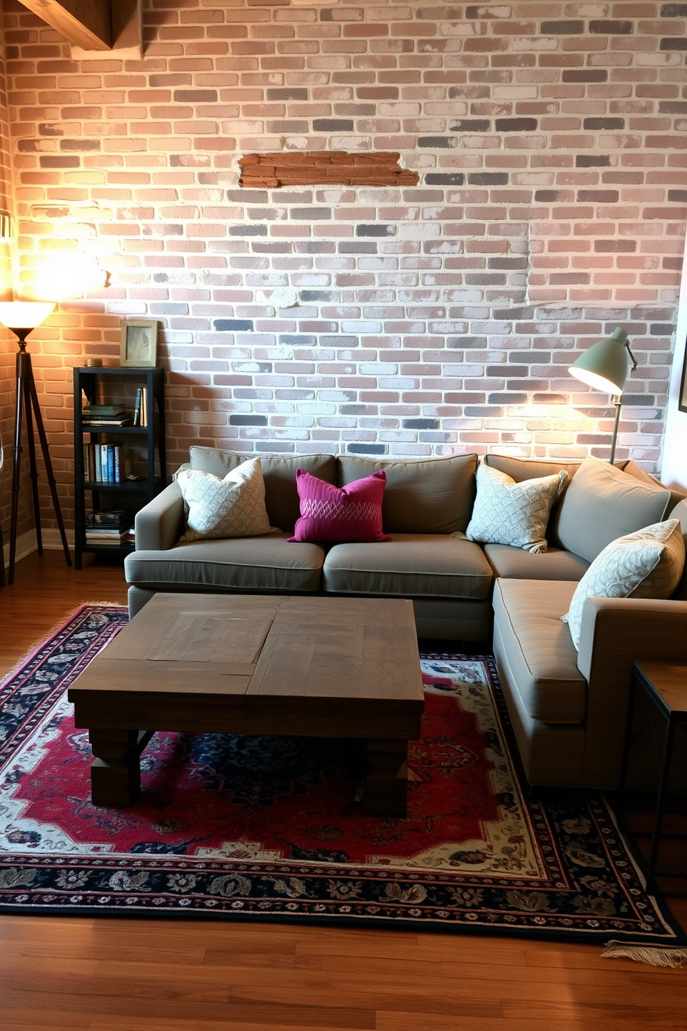 A cozy living room with warm lighting creates an inviting atmosphere. The space features a plush sectional sofa adorned with textured throw pillows and a reclaimed wood coffee table at the center. Exposed brick walls add character to the rustic charm of the apartment. A vintage area rug anchors the seating area, while soft, ambient lighting from stylish floor lamps enhances the warmth of the room.