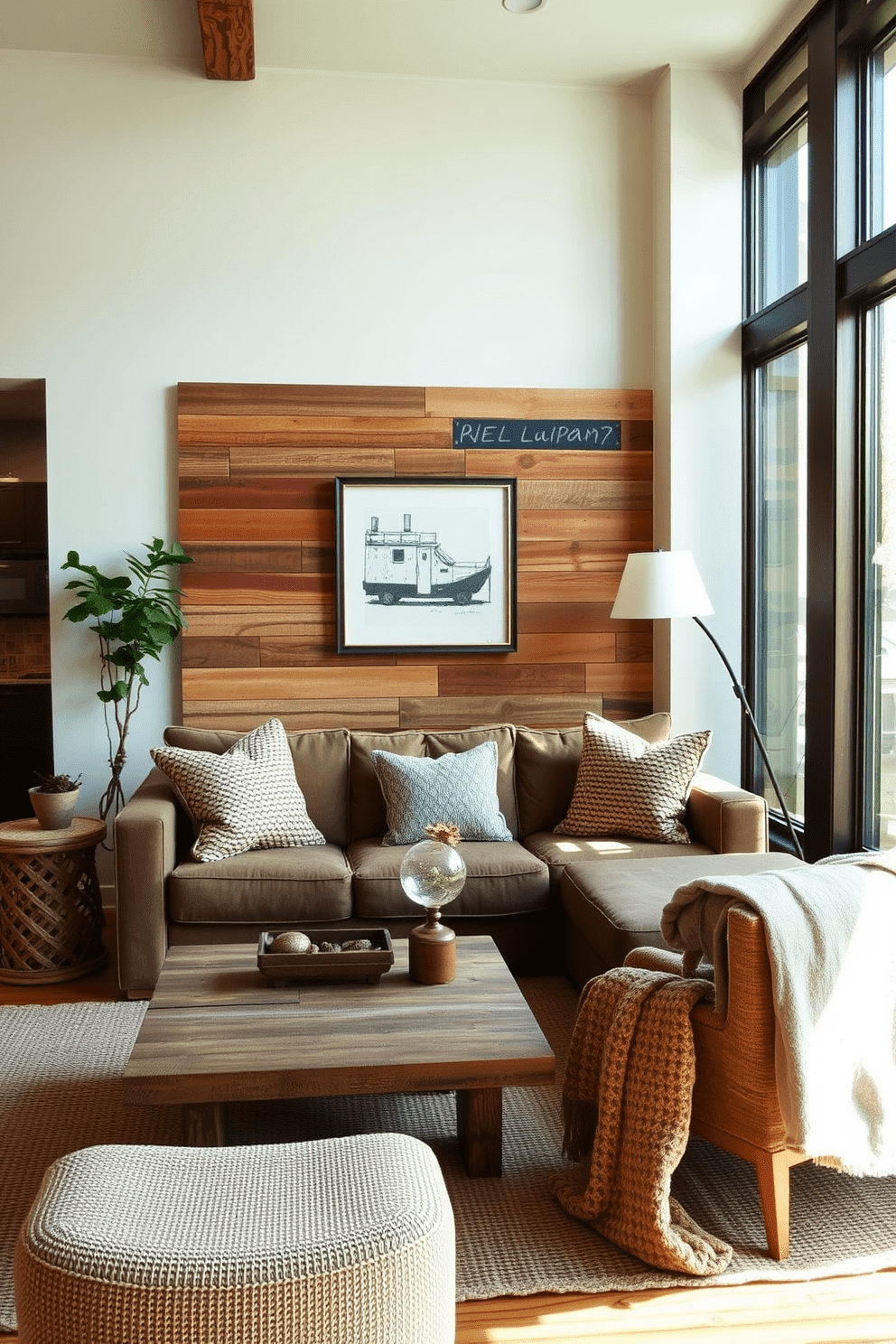 A cozy living space featuring a reclaimed wood accent wall that adds warmth and character. The room includes a comfortable sofa adorned with textured throw pillows and a vintage coffee table made from reclaimed materials. Natural light filters through large windows, enhancing the rustic charm of the apartment. Earthy tones and natural fabrics are used throughout, creating a harmonious and inviting atmosphere.