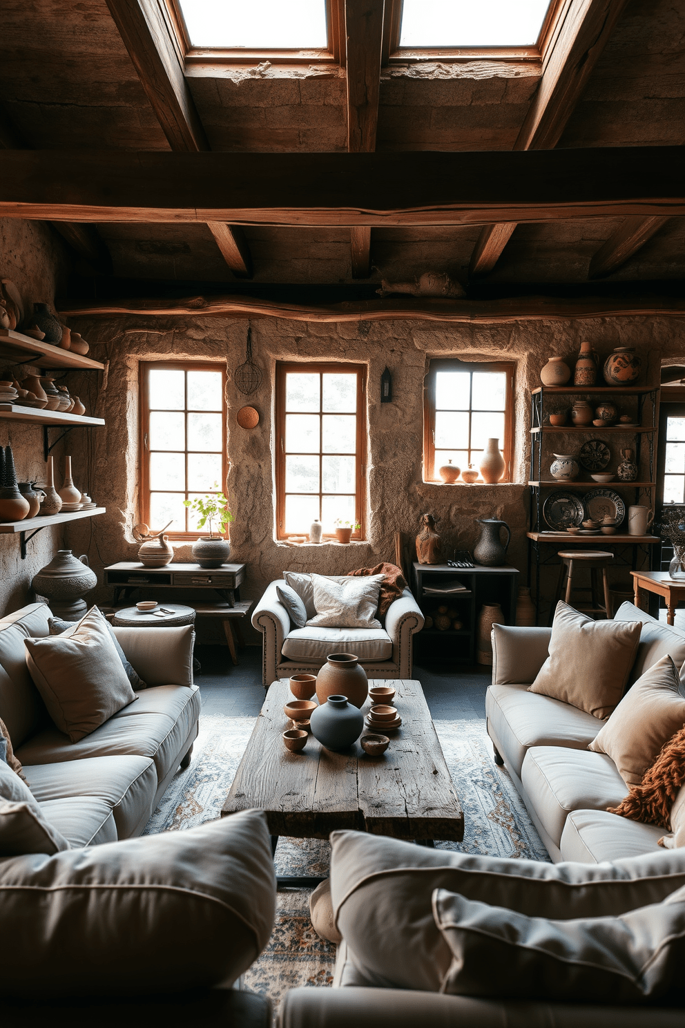 Handmade pottery is artfully displayed on open shelves, adding a personal touch to the rustic apartment. The warm earth tones of the pottery complement the exposed wooden beams and textured walls, creating a cozy and inviting atmosphere. The living area features a reclaimed wood coffee table surrounded by comfortable, overstuffed sofas. Natural light floods the space through large windows, illuminating the handmade ceramics and vintage decor that enhance the rustic charm.