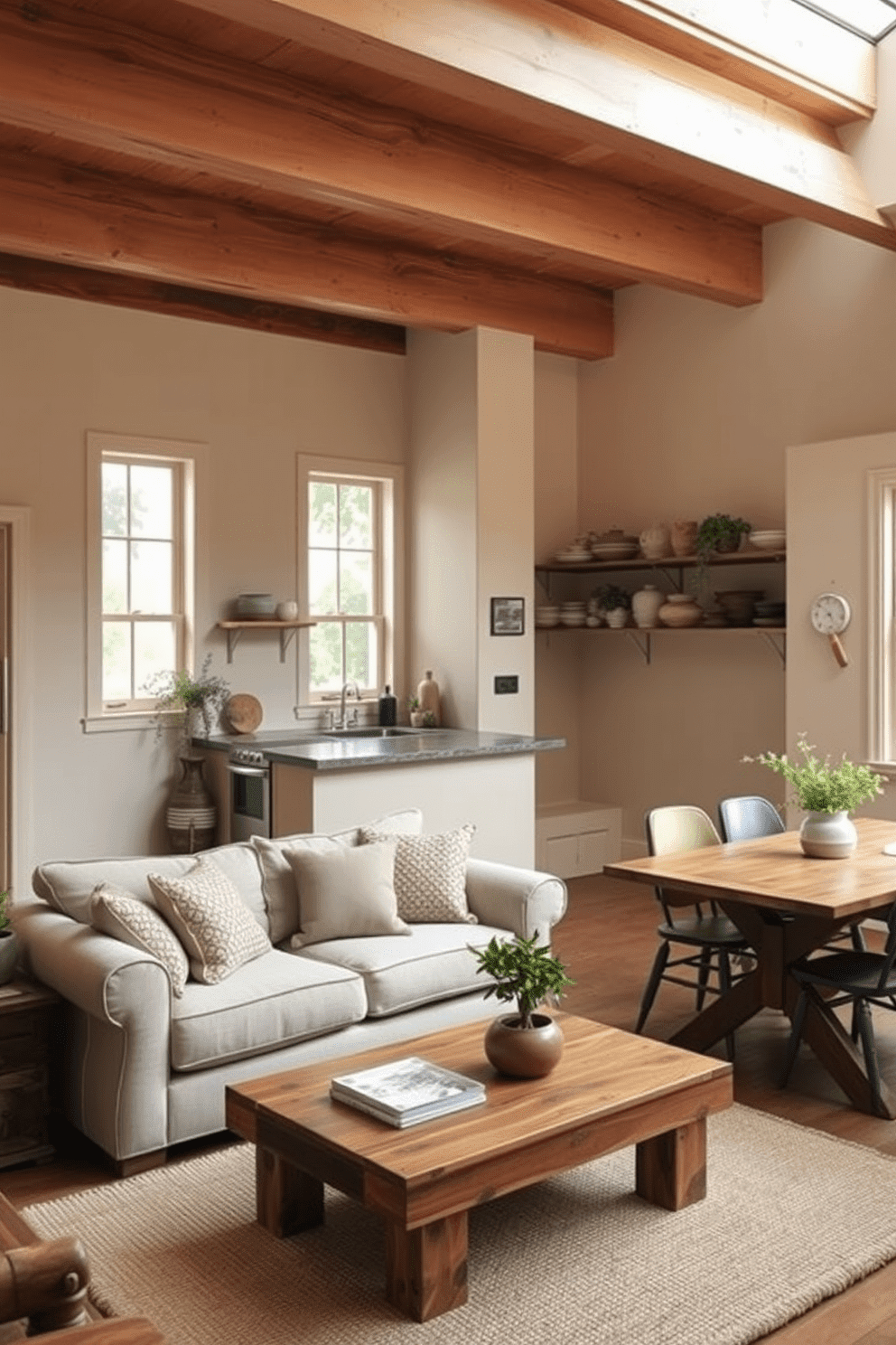 A cozy rustic apartment featuring a neutral color palette with earthy tones. The living area includes a comfortable sectional sofa adorned with textured throw pillows, complemented by a reclaimed wood coffee table. The walls are painted in soft beige, creating a warm and inviting atmosphere. Large windows allow natural light to flood the space, highlighting the natural wood beams on the ceiling. In the kitchen, open shelving displays handcrafted pottery and greenery, enhancing the rustic charm. The dining area features a farmhouse-style table surrounded by mismatched chairs, adding character to the overall design.