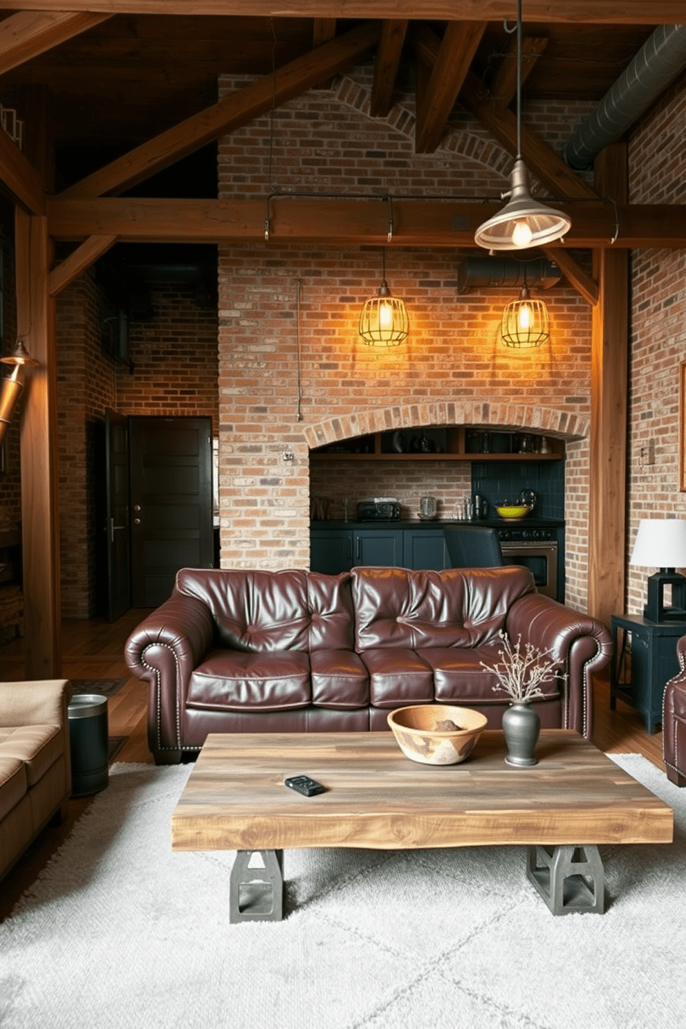 A rustic apartment features exposed brick walls and wooden beams that add warmth and character. The space is illuminated by industrial lighting fixtures that create a striking contrast against the natural materials. The living area includes a plush leather sofa paired with a reclaimed wood coffee table. Vintage metal accents and earthy tones enhance the cozy yet edgy atmosphere of the apartment.