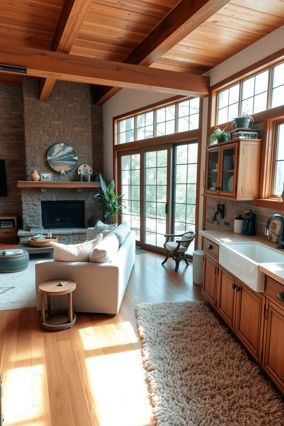 A cozy rustic apartment featuring plush rugs that add warmth to the space. The living area includes exposed wooden beams and a stone fireplace, with a large, soft rug anchoring the seating arrangement. The kitchen showcases reclaimed wood cabinets and a farmhouse sink, complemented by a plush runner rug that adds texture. Natural light floods the room through large windows, enhancing the inviting atmosphere.