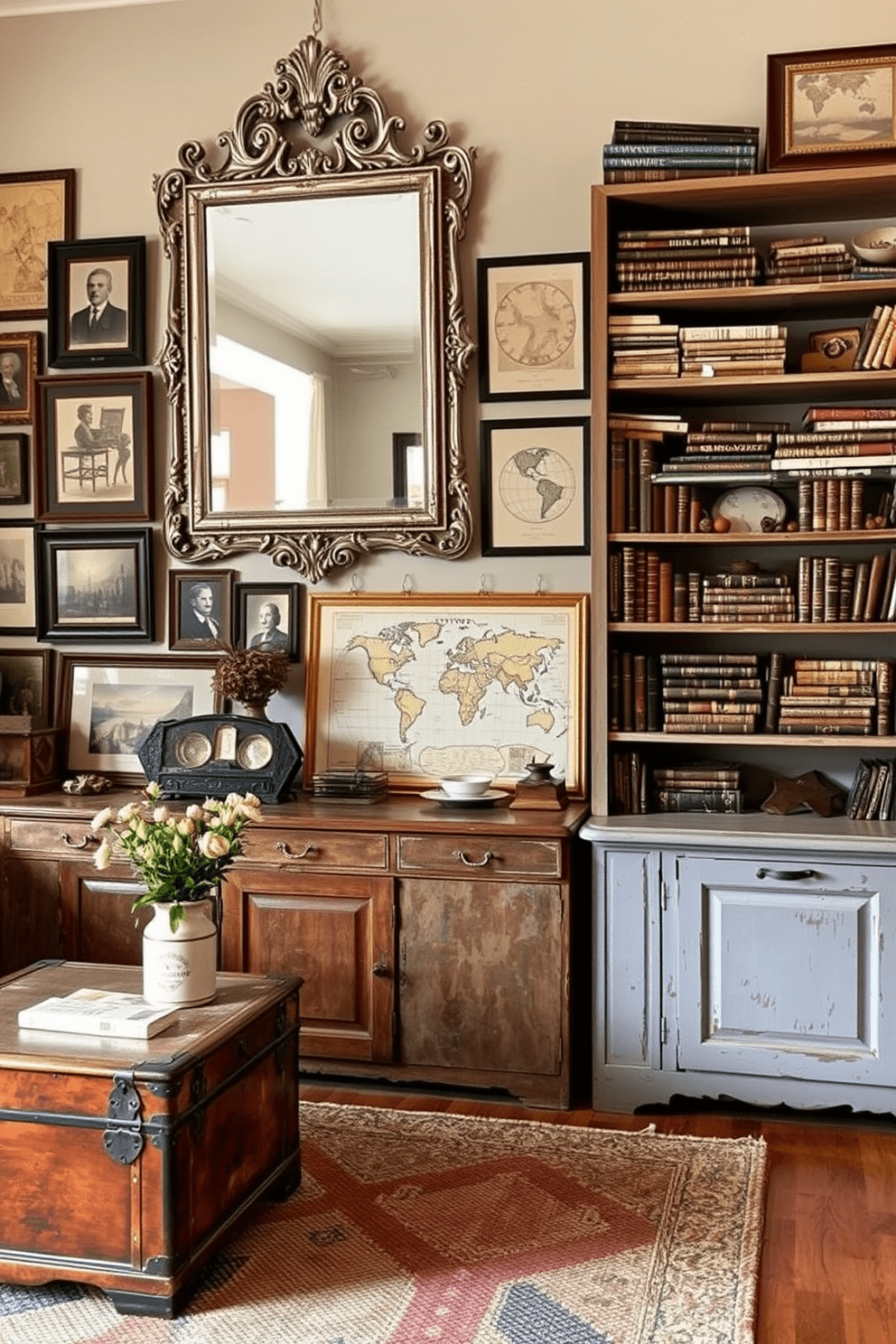 Antique decor pieces scattered throughout the space add character and charm to the rustic apartment. A vintage wooden trunk serves as a coffee table, while an ornate mirror with a distressed finish hangs above a weathered sideboard. The walls are adorned with a mix of framed sepia-toned photographs and old-world maps. A collection of antique books and curiosities is displayed on open shelves, enhancing the nostalgic atmosphere.