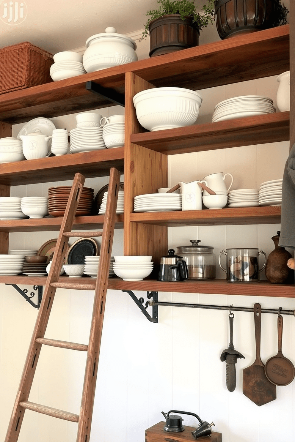 Open shelving displays an array of rustic dishes in a cozy kitchen setting. The shelves are made of reclaimed wood, adding warmth and character to the space. The walls are painted in a soft cream color, creating a bright and inviting atmosphere. A vintage ladder leans against the shelves, showcasing additional rustic decor and kitchen tools.