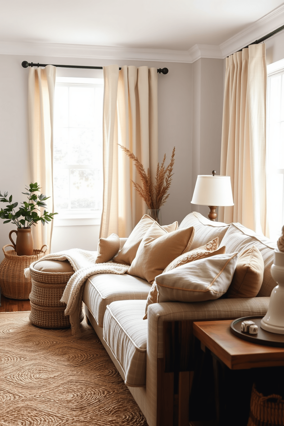 A cozy living room filled with natural fiber textiles. Soft linen curtains frame the windows, allowing gentle light to filter through, while a jute area rug adds warmth underfoot. The furniture features reclaimed wood accents, creating a rustic yet inviting atmosphere. Plush cotton cushions in earthy tones are scattered across a comfortable sofa, enhancing the overall sense of comfort.