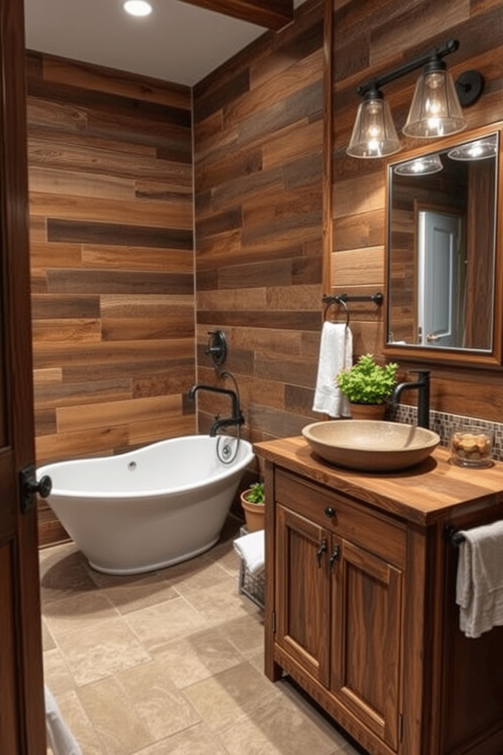 A rustic bathroom featuring reclaimed wood accent walls creates a warm and inviting atmosphere. The space includes a freestanding soaking tub surrounded by natural stone tiles and a vintage-style faucet. A wooden vanity with a distressed finish holds a vessel sink made of natural stone. Soft lighting from industrial-style fixtures enhances the cozy ambiance while potted greenery adds a touch of nature.