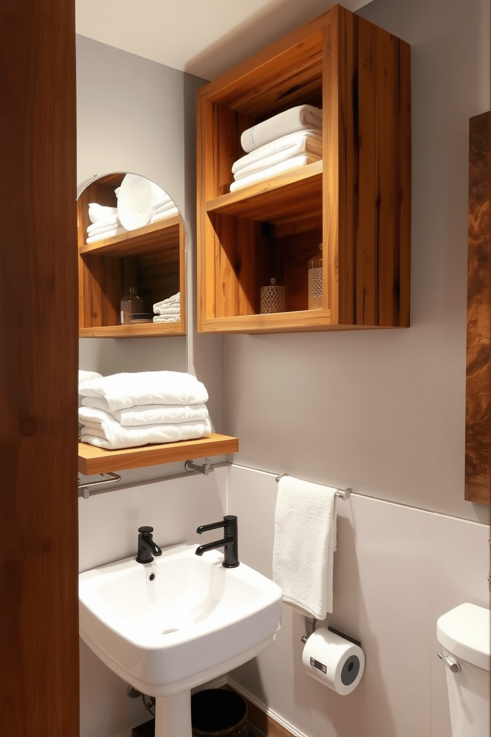 A rustic bathroom design features wooden shelves that provide open storage for towels and decorative items. The shelves are crafted from reclaimed wood, adding warmth and character to the space while enhancing the overall rustic aesthetic.