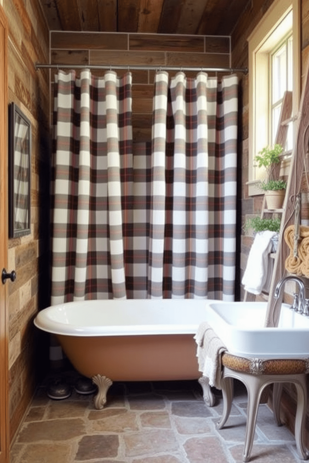 A cozy rustic bathroom features plaid patterned shower curtains that add warmth and charm to the space. The walls are adorned with reclaimed wood, and a vintage freestanding tub sits elegantly in the corner. Natural stone tiles cover the floor, complementing the earthy tones of the decor. A wooden ladder shelf displays neatly rolled towels and potted plants, enhancing the inviting atmosphere.