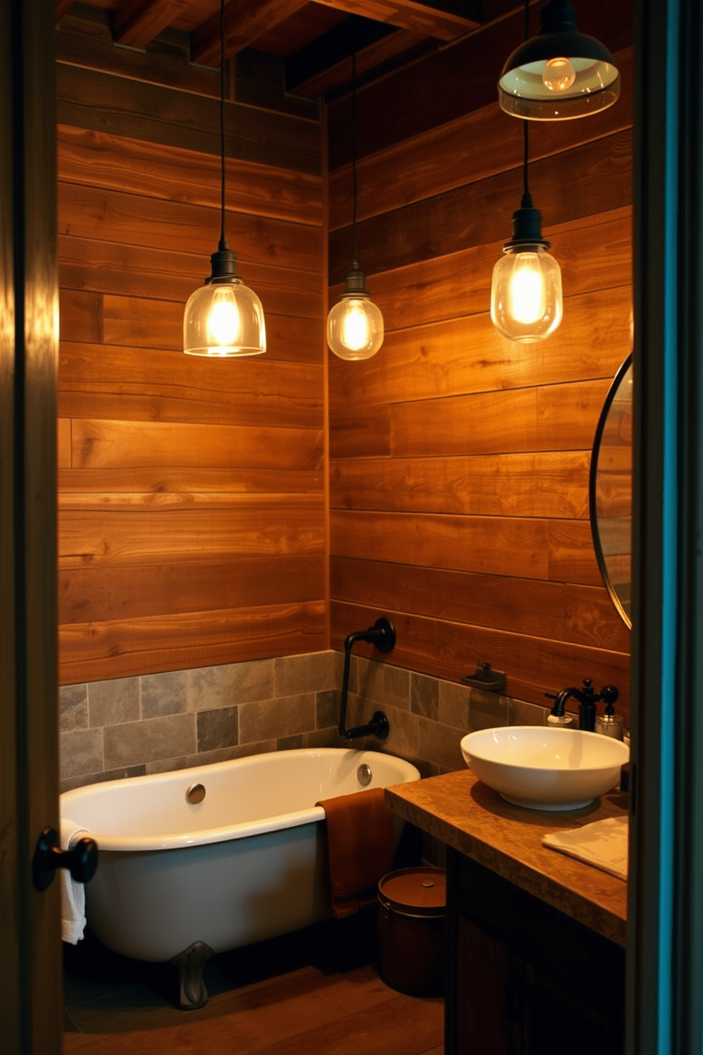 Hanging pendant lights cast a warm glow over a rustic bathroom featuring reclaimed wood accents. The space includes a freestanding bathtub surrounded by natural stone, complemented by vintage fixtures and earthy tones.